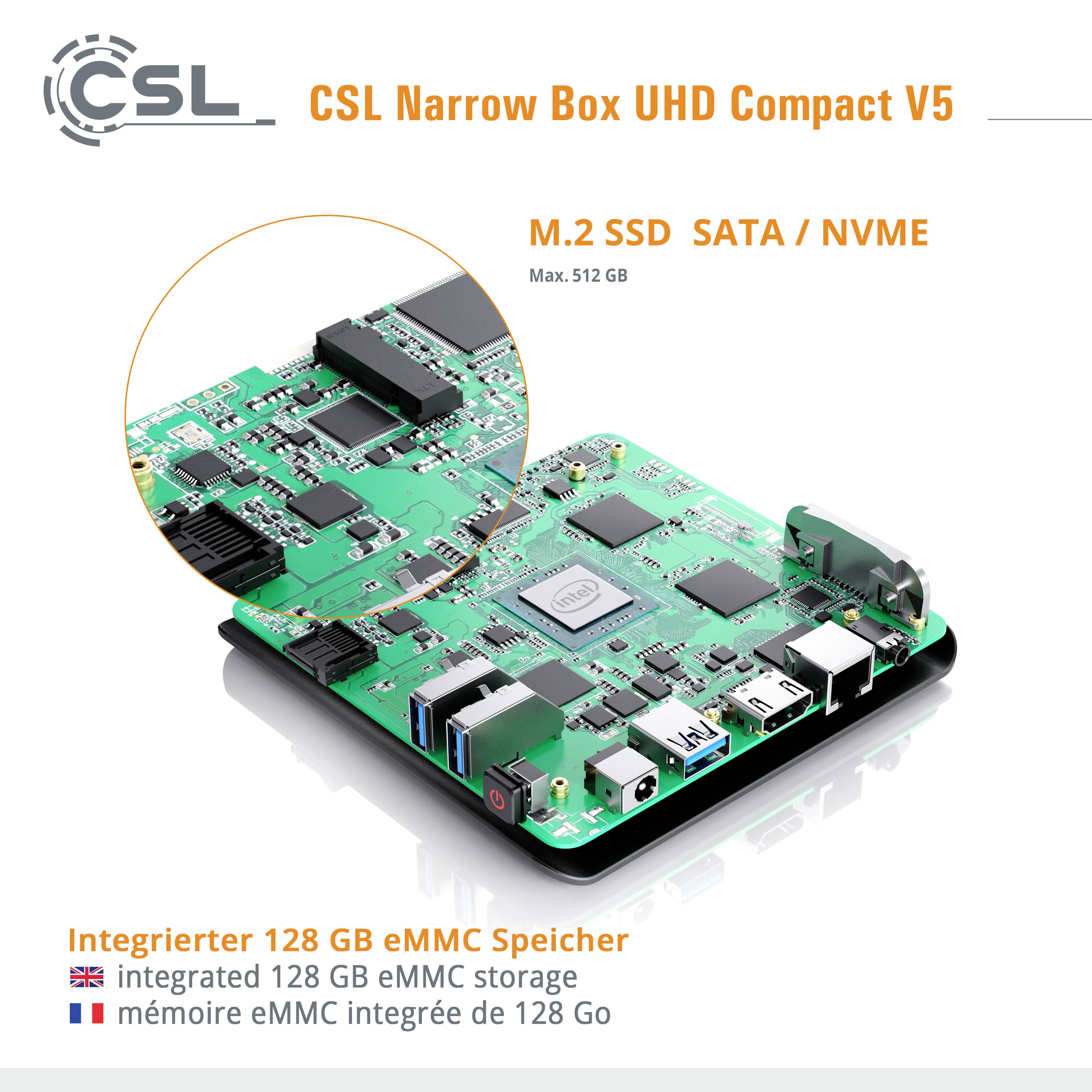 Electronic circuit board for the CSL Narrow Box UHD Compact V5. It shows connections and components. Maximum 512 GB storage possible.