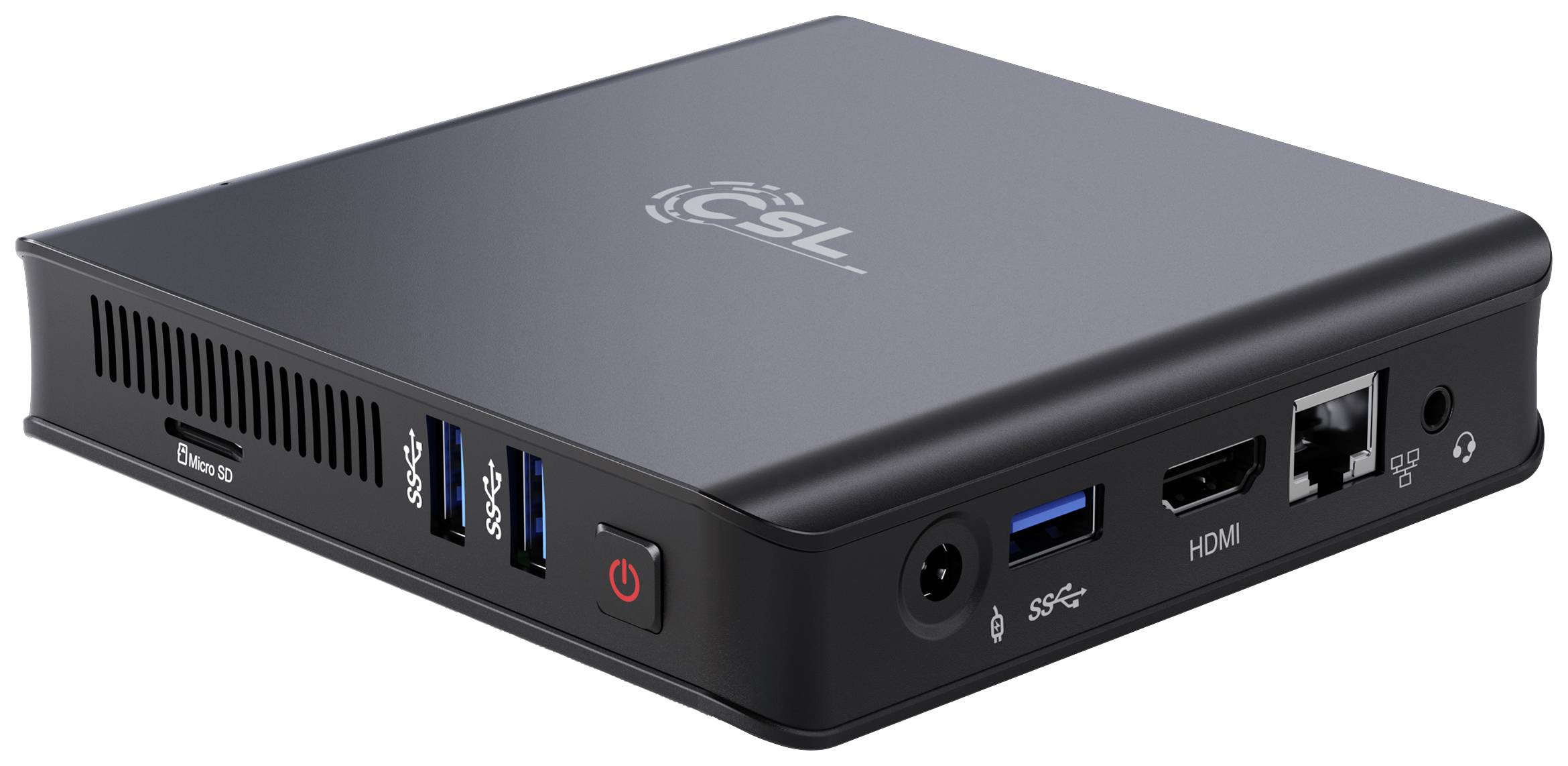 A black mini PC with USB ports, an HDMI port and a power switch on the front. Ideal for compact workspaces.