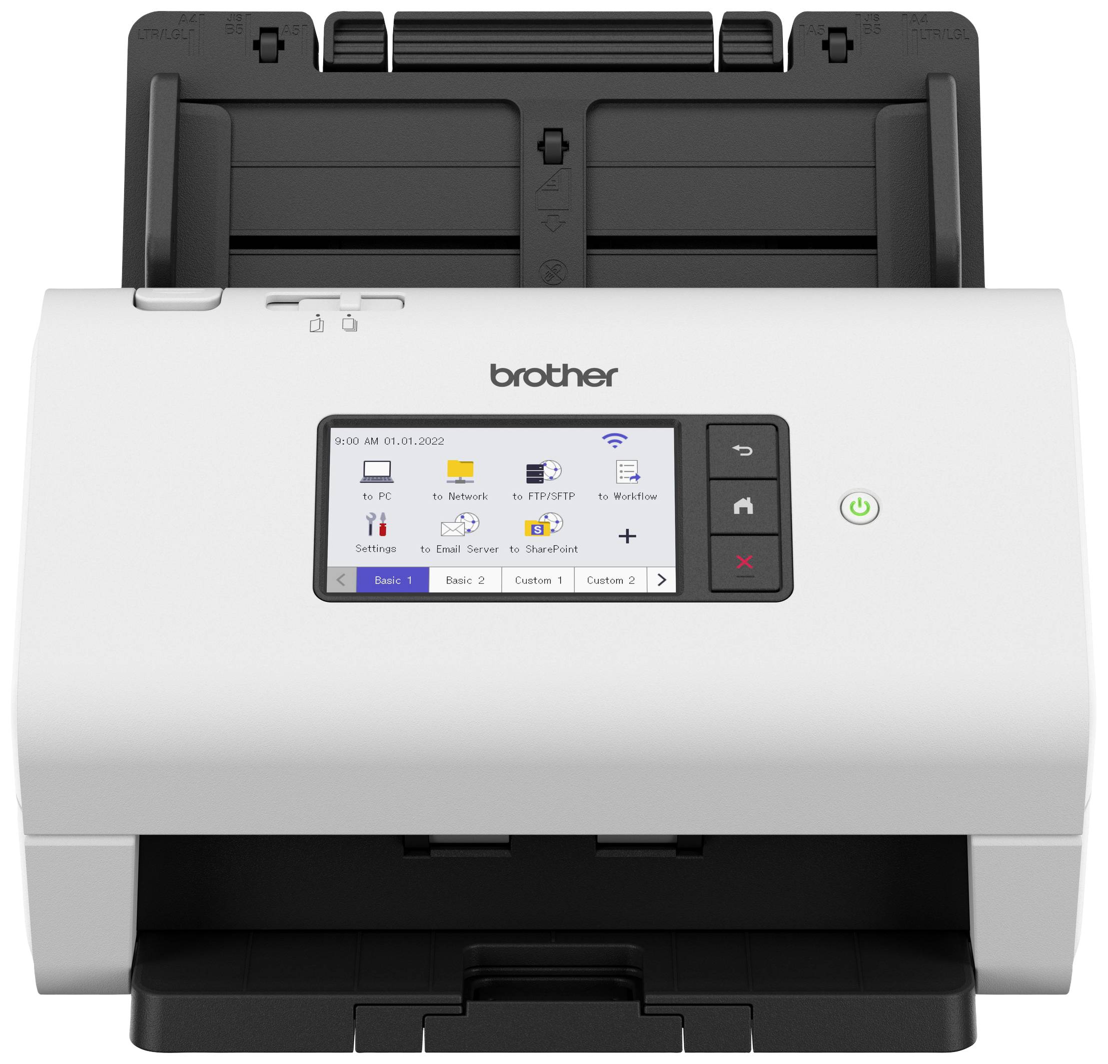 A white Brother scanner with a digital display showing the time and date. There are several control buttons.