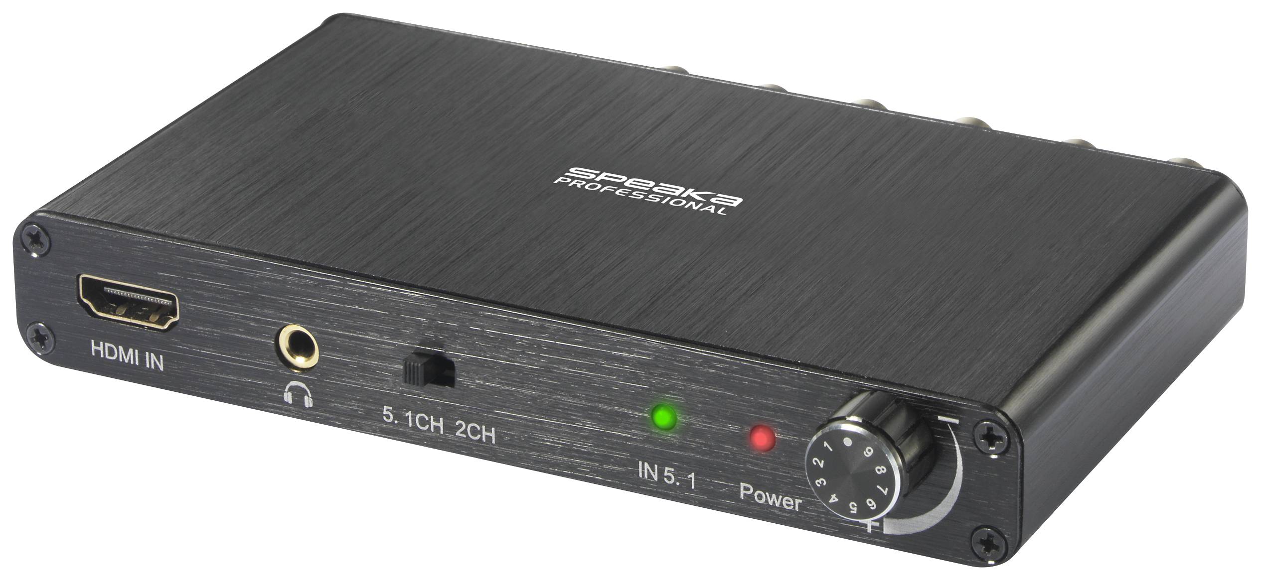 A black audio amplifier with multiple connections, including HDMI input, 5.1/2-channel switching and volume control.