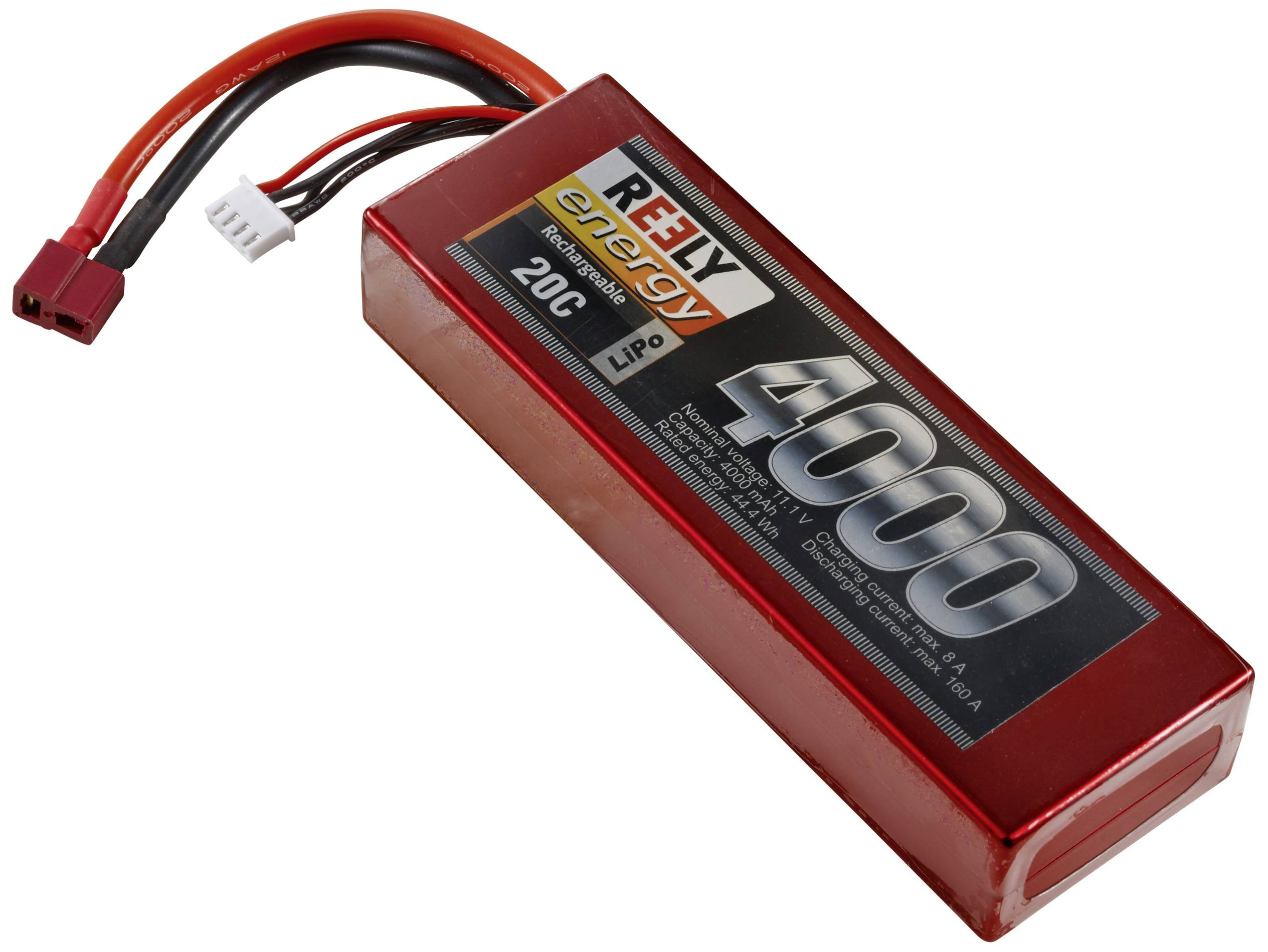 Red lithium-polymer battery with '4000', '20C' and 'REELY energy' printed on it. Features multiple cables and a plug.