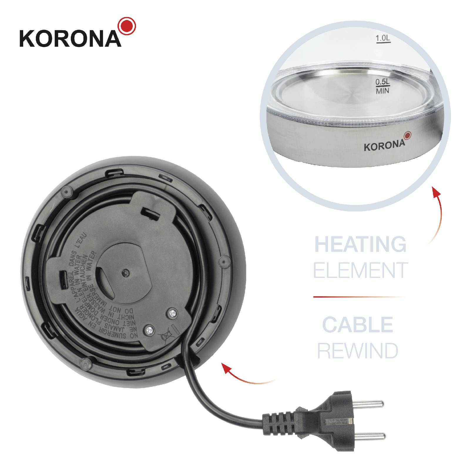 Electric kettle stand with cable wrap and heating plate. Small image at the top shows Korona logo on the kettle.