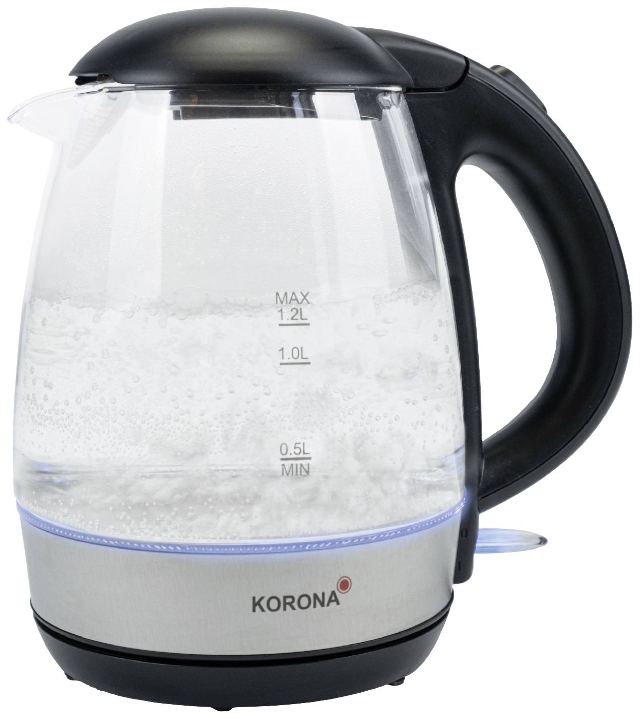 Electric kettle with a transparent glass body, containing boiling water. Black handle; water level scale up to 1.2 litres.