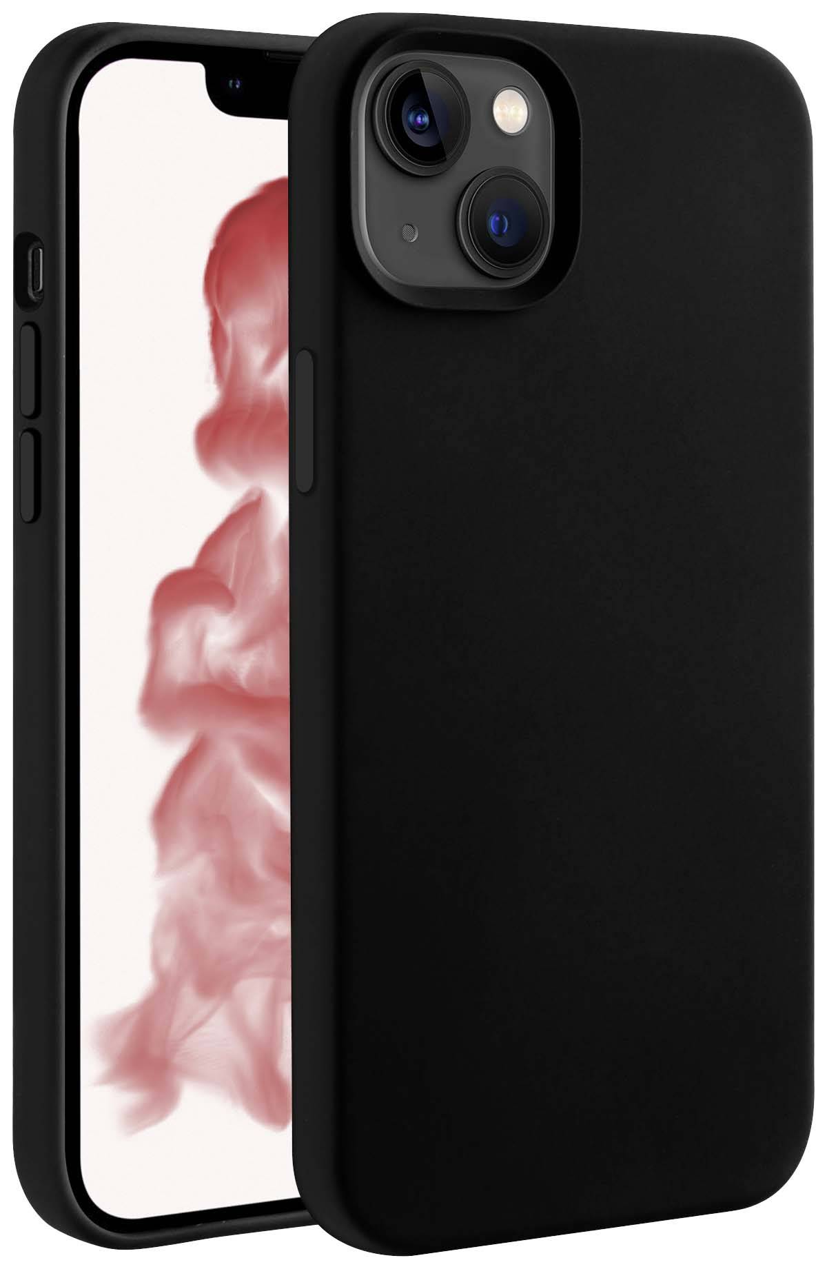 Black smartphone protective case with cut-outs for camera and buttons, depicted on a mobile phone with a red smoke background.