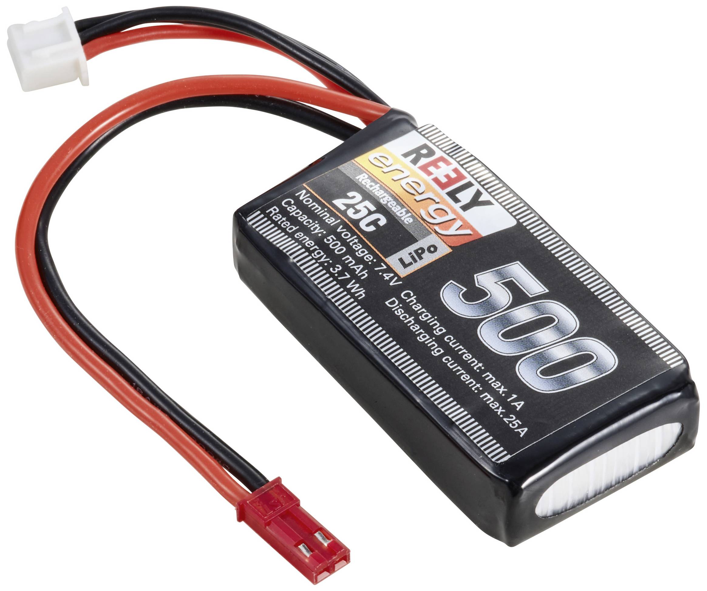 Black lithium-polymer battery with red and black cable and plug. Label reads: '500 mAh, 7.4V'. Suitable for remote-controlled models.