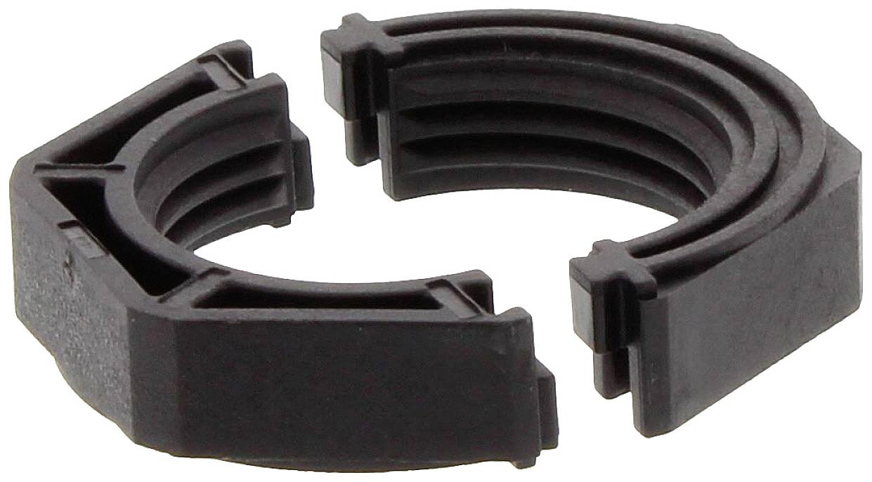 Two semi-circular, black plastic rings with grooved inner surfaces that could together form a complete circle.