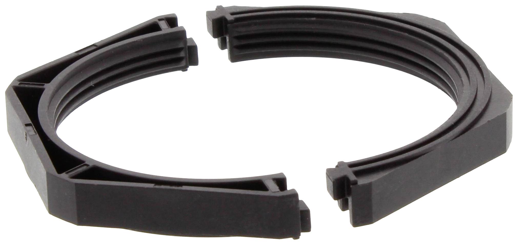A black, two-piece plastic ring, possibly a sealing or securing element, against a white background.