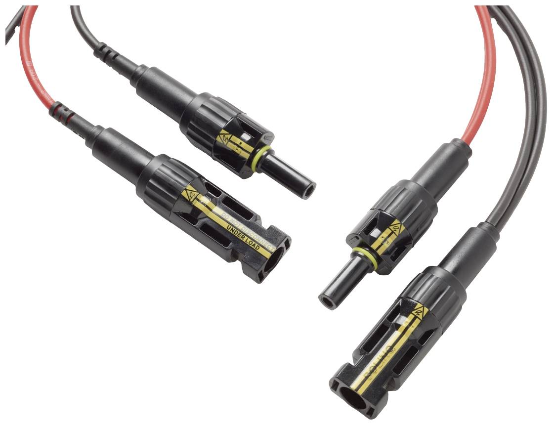Two black, interconnected solar cables with plug connections showing connection options. Suitable for photovoltaic systems.