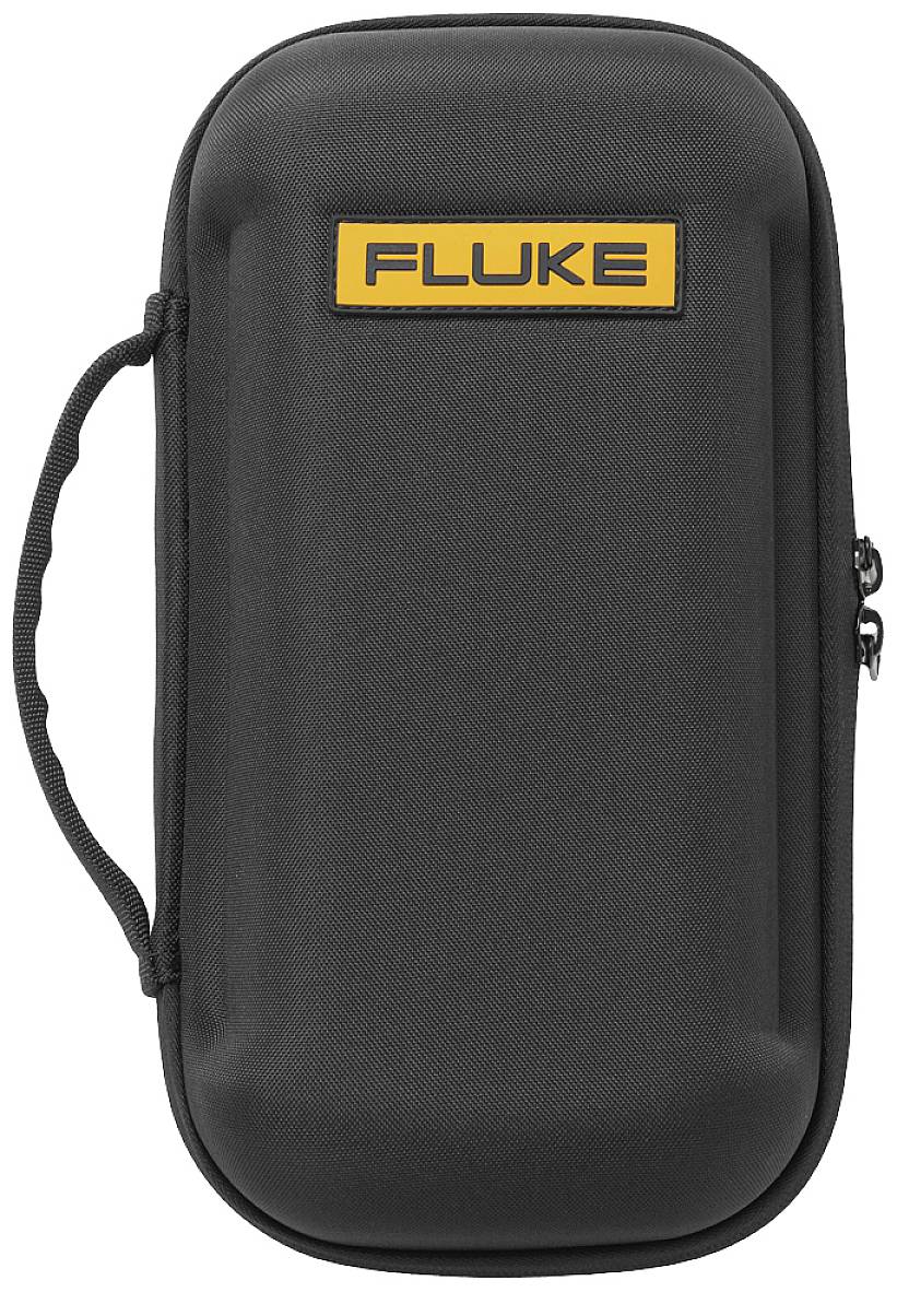 Black, rectangular case with zip closure and carrying handle, with 'FLUKE' inscription on a yellow background at the top.