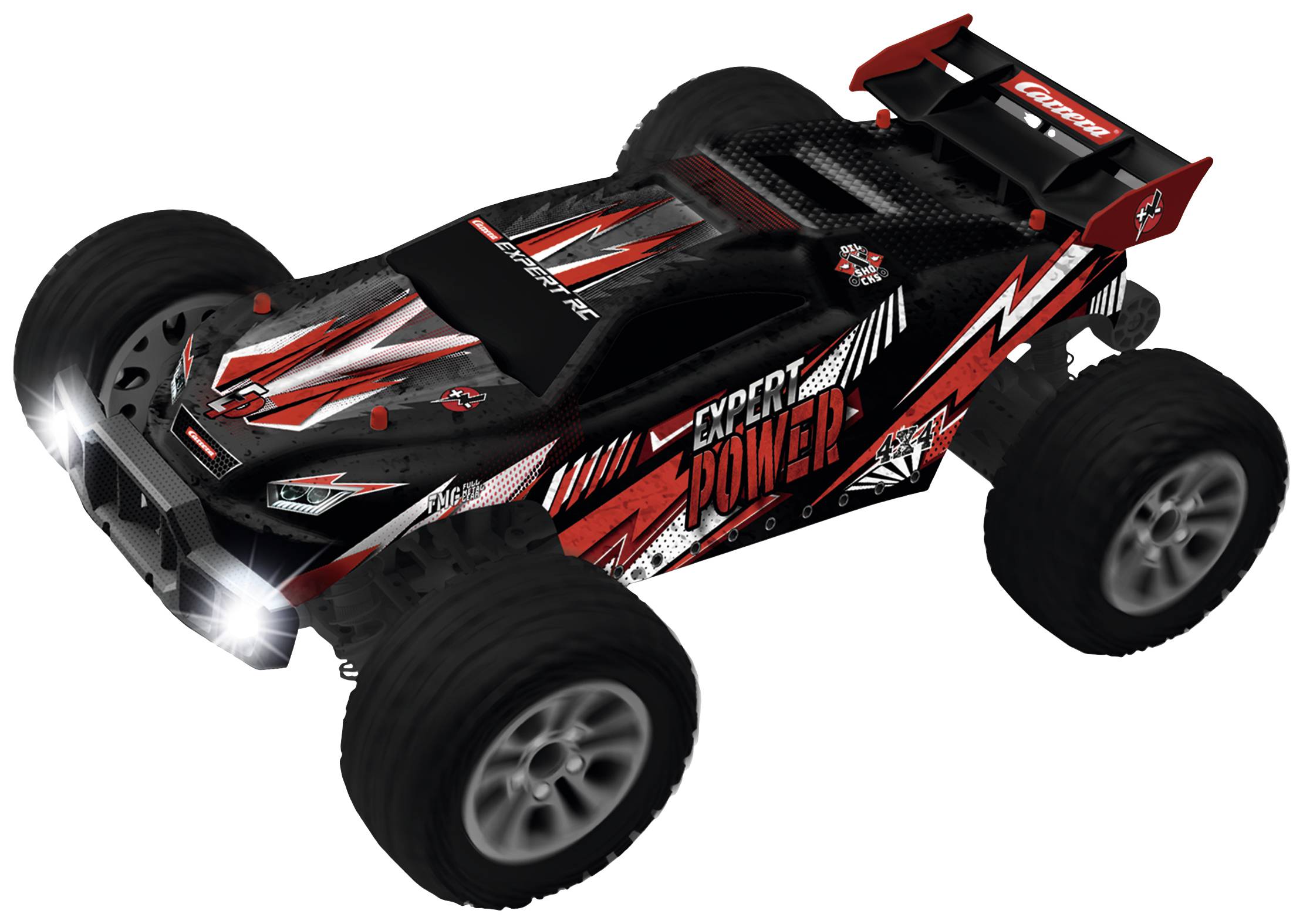 A remote-controlled car with black and red design, illuminated headlights, distinctive decals, and large off-road tyres.