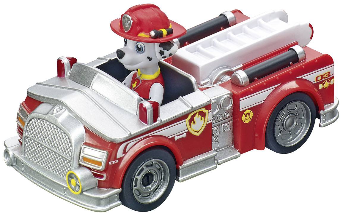 A red toy fire engine with a Dalmatian dressed in firefighter attire at the wheel.