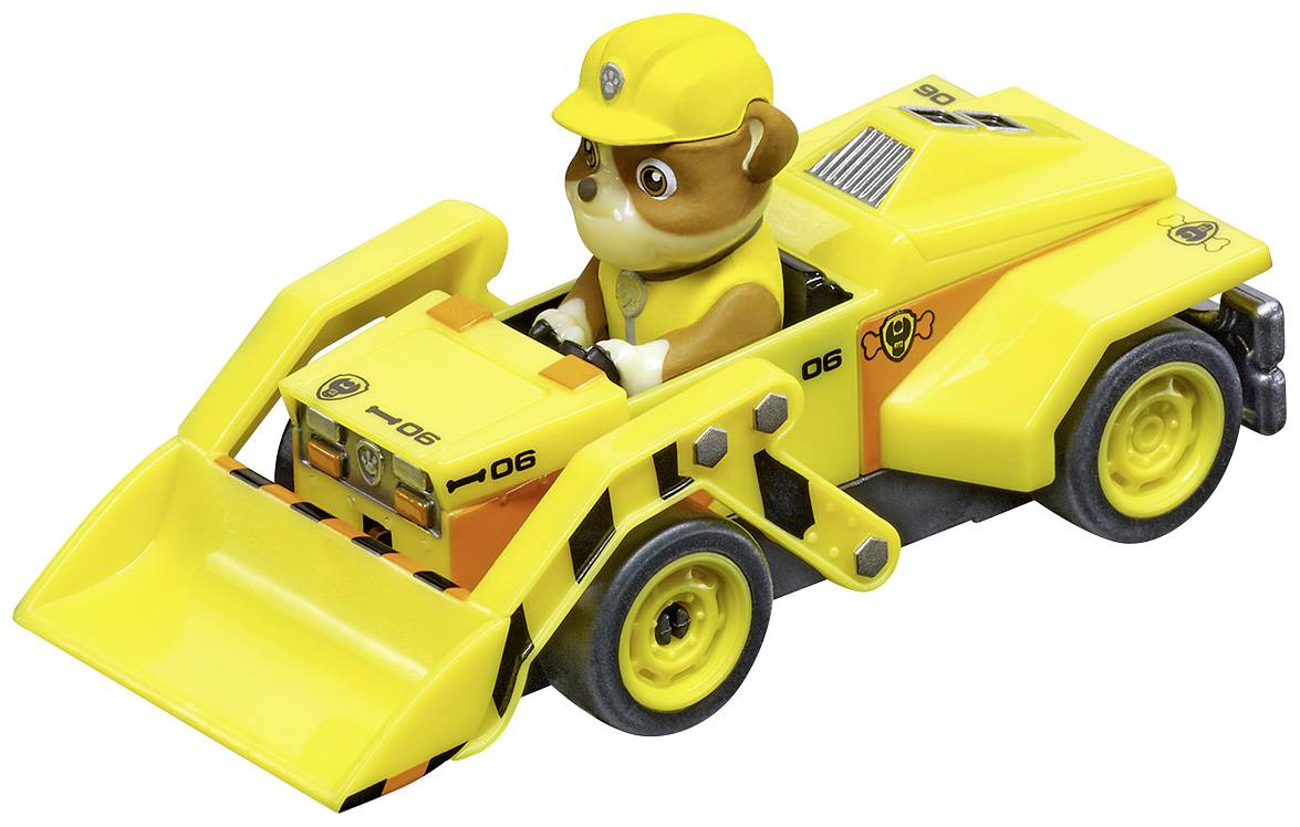 A toy construction vehicle with a dog wearing a yellow helmet and jacket. The vehicle has a shovel at the front and the design looks sturdy.