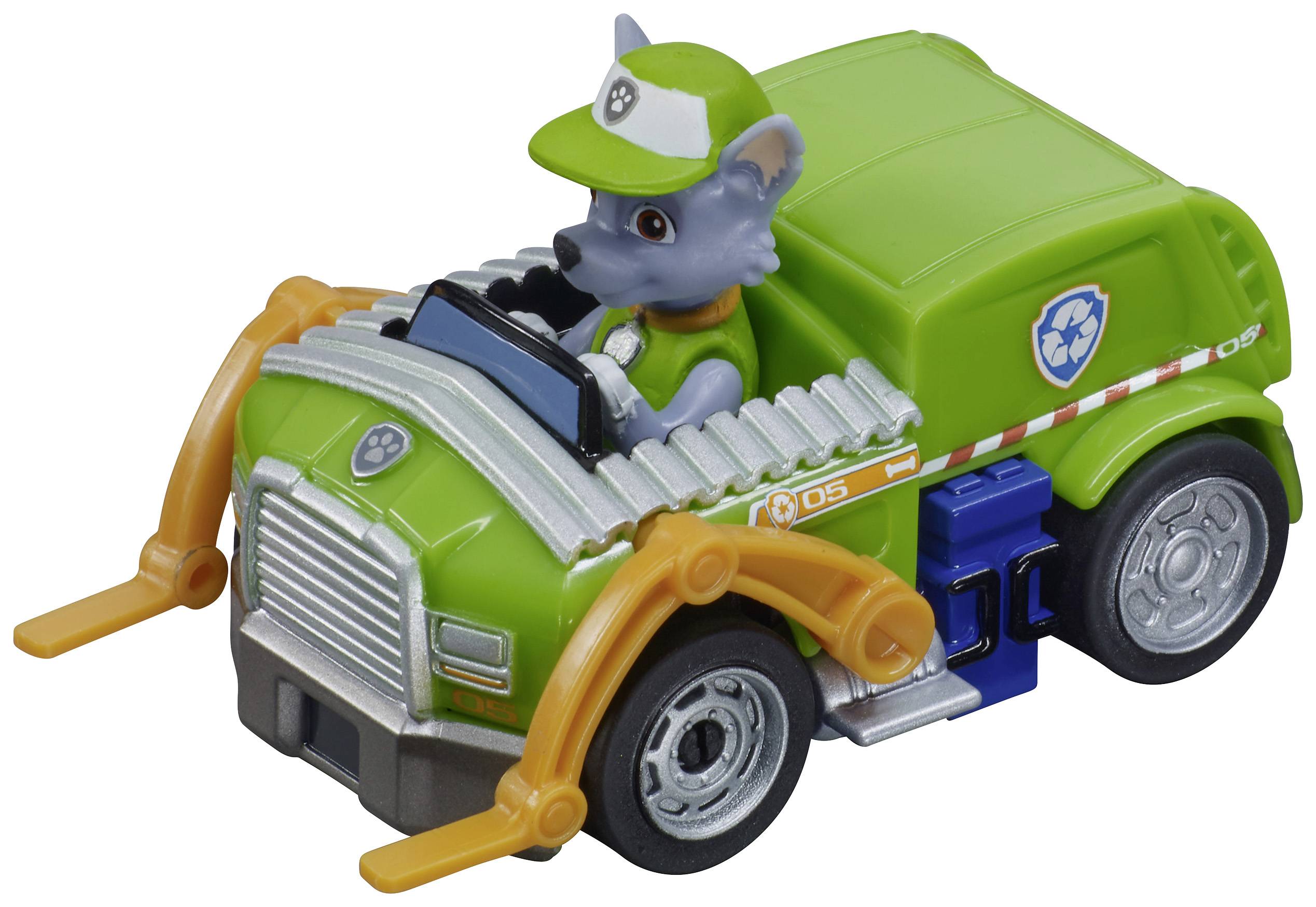 Toy figurine in the shape of a dog driving a green vehicle with a recycling symbol. The car has visible wheel arches and lever arms.
