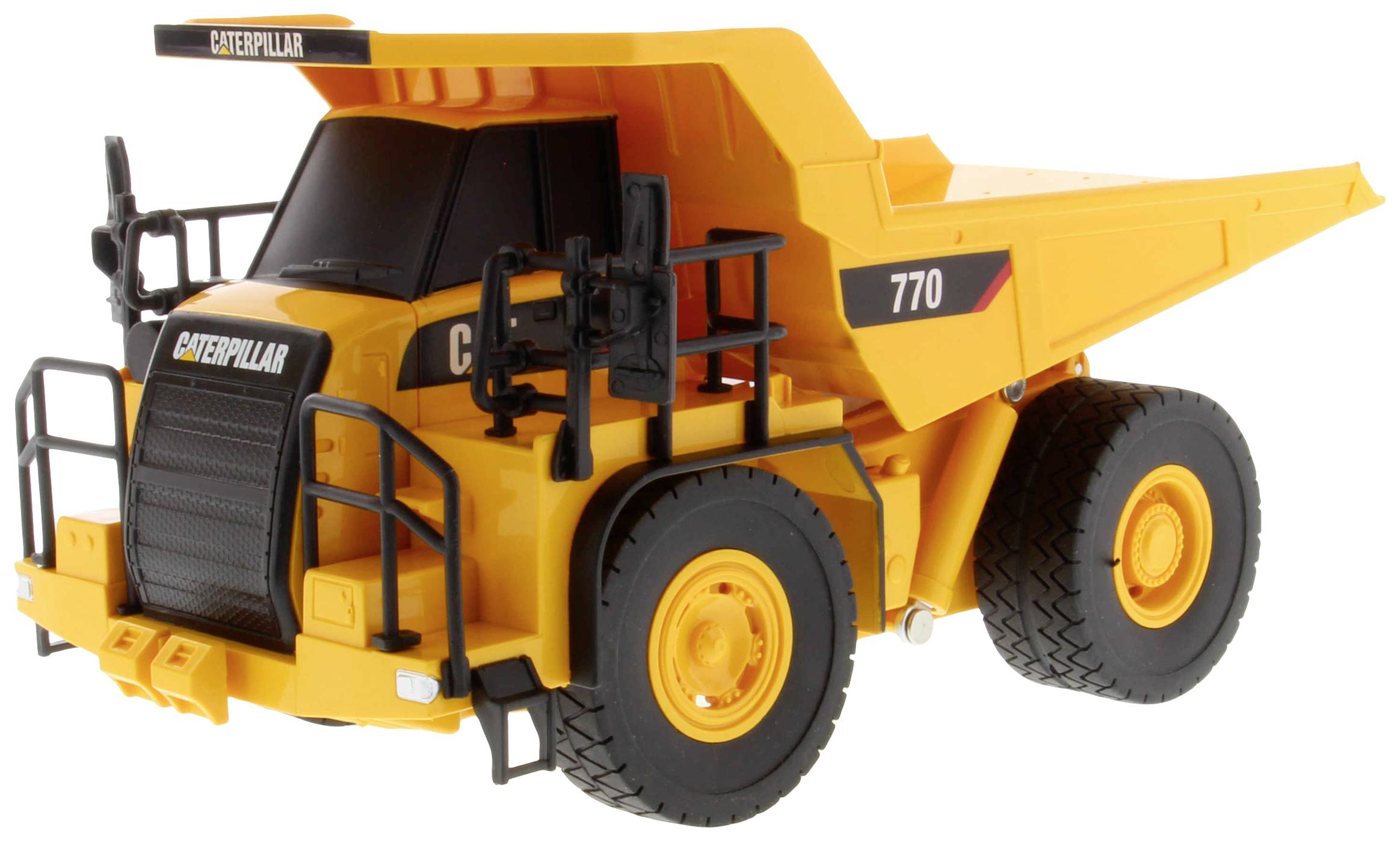 Yellow toy dump truck with 'CATERPILLAR 770' inscription, black wheels, visible ladder and handrails, side view.