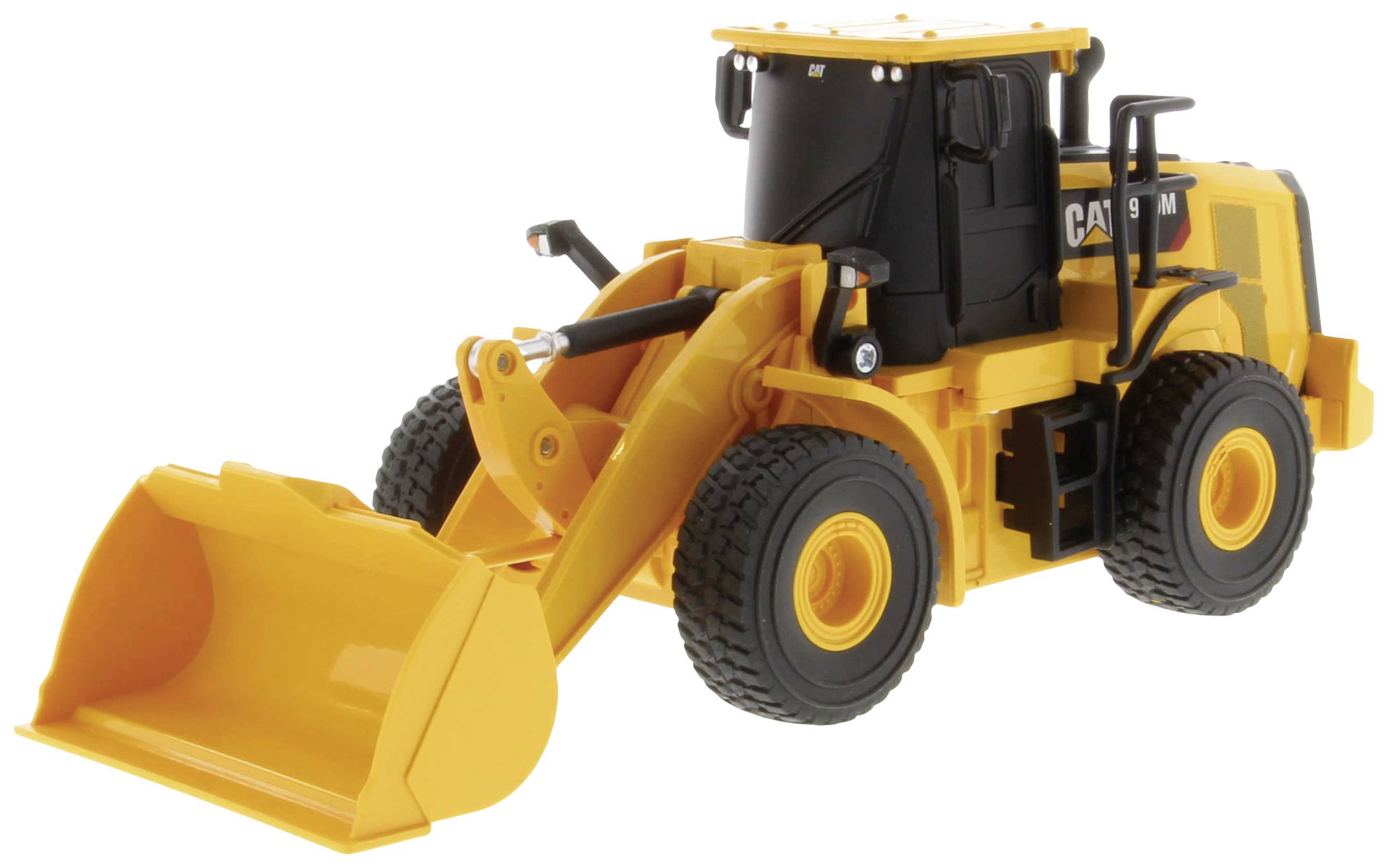 Yellow excavator loader with a large bucket and black cabin details on a white background, representing heavy construction equipment.