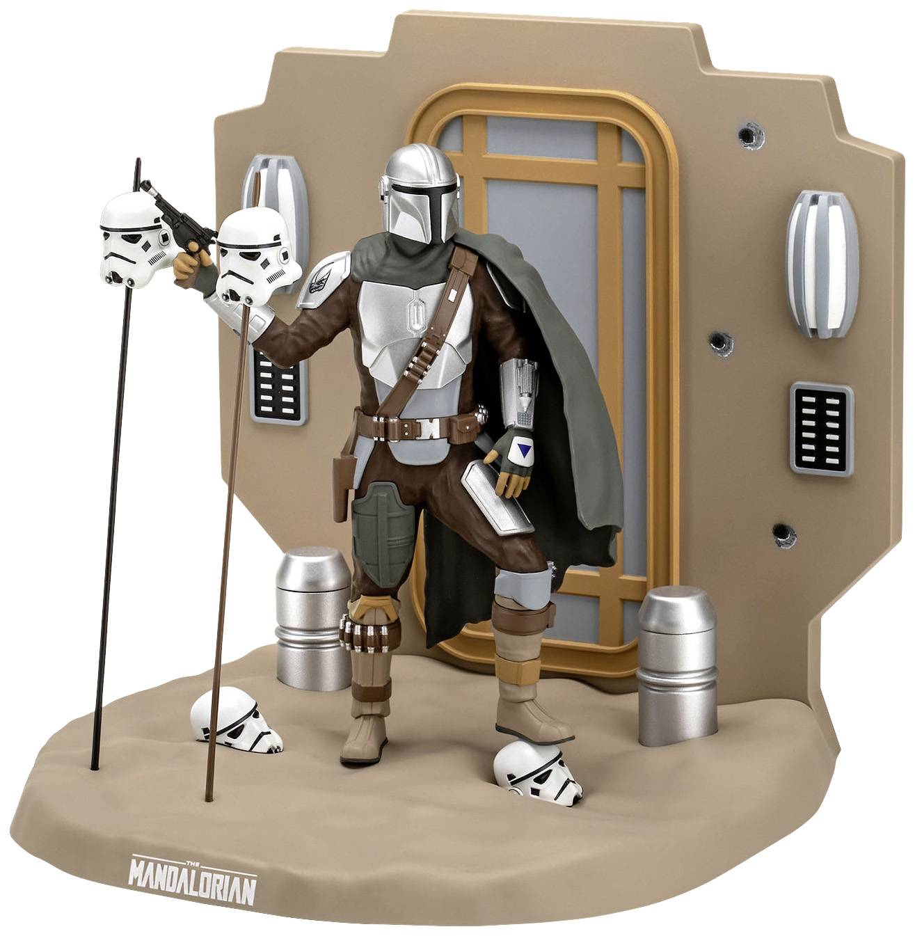 A Mandalorian stands before a futuristic door, surrounded by helmets. He is wearing armour and a cloak.