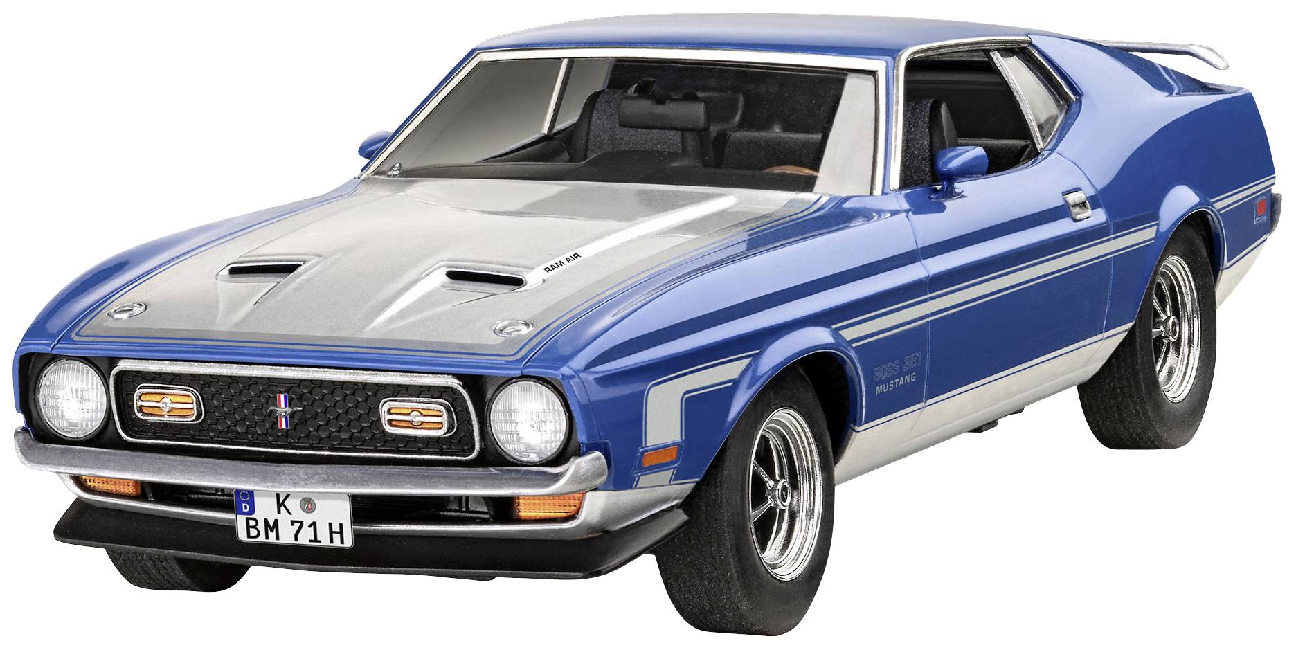 Blue, classic sports car with white stripes on the bonnet. The car has a German number plate and is from the 1970s.