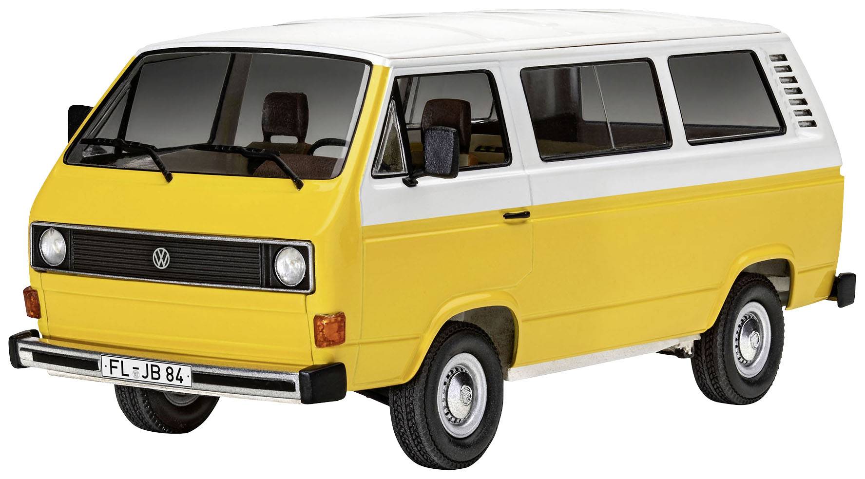 A yellow and white vintage van with rectangular windows and a German number plate is positioned sideways for viewing.