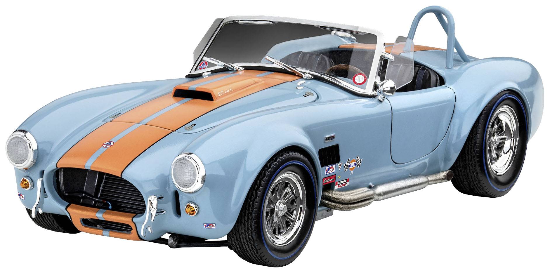A light blue classic sports car with orange racing stripes and a convertible top. The car has chrome-gleaming wheels and visible exhaust pipes.