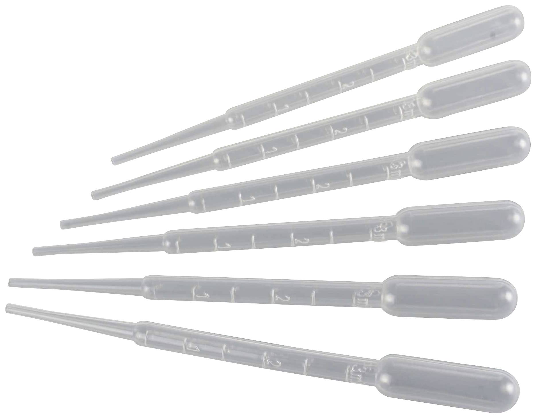 Six transparent pipettes in a row, for measuring liquids. They have a low rim for precise measurement.