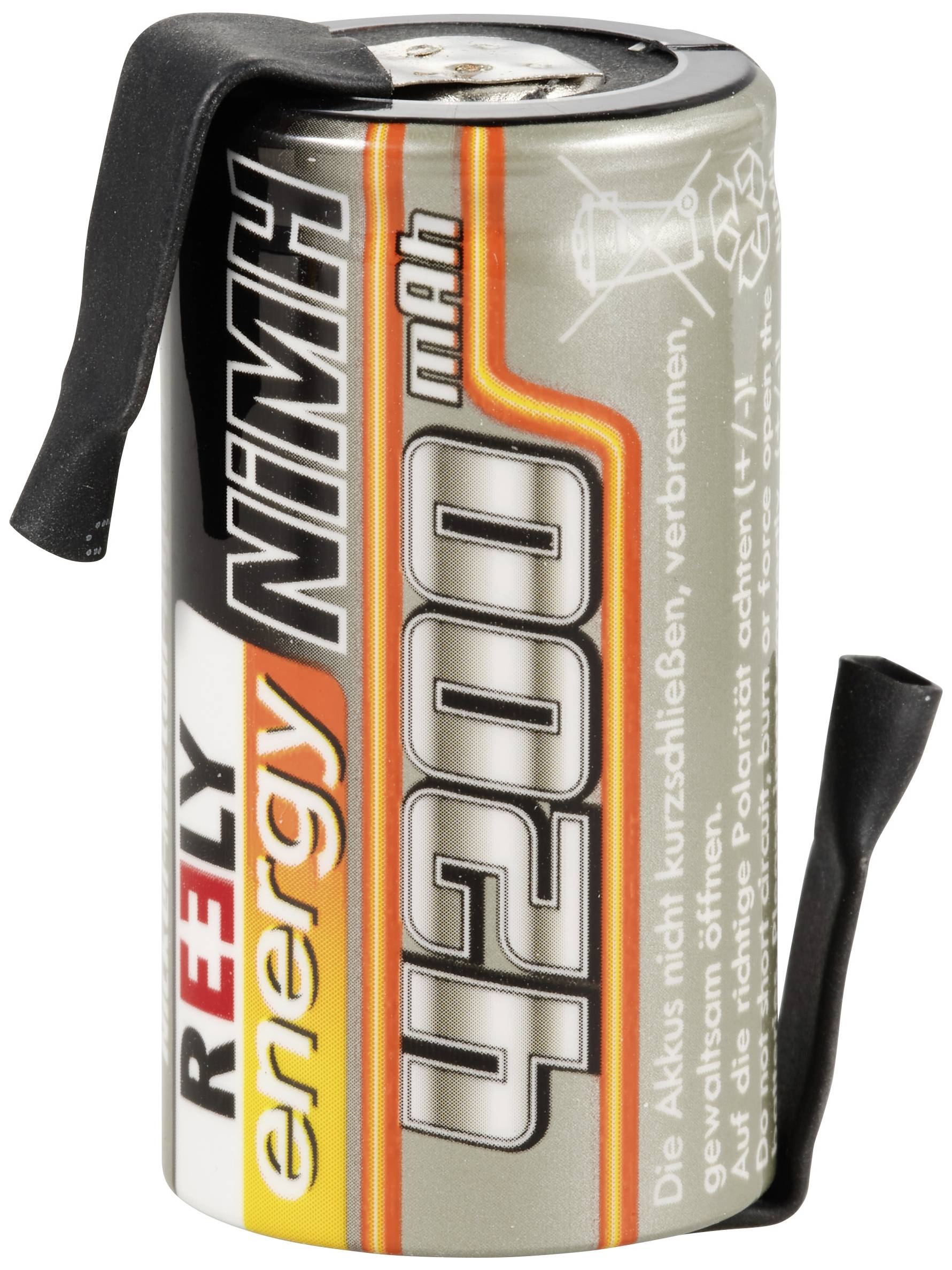 Cylindrical NiMH battery with inscription 'REELY energy 4200 mAh'. Black cap on the top and side.