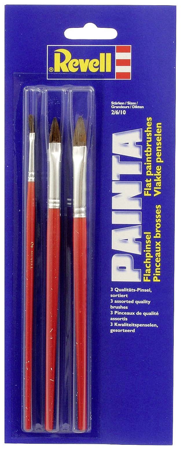 Three red brushes in a package; brand 'Revell', type 'Painta'. Suitable for precise painting and model making.