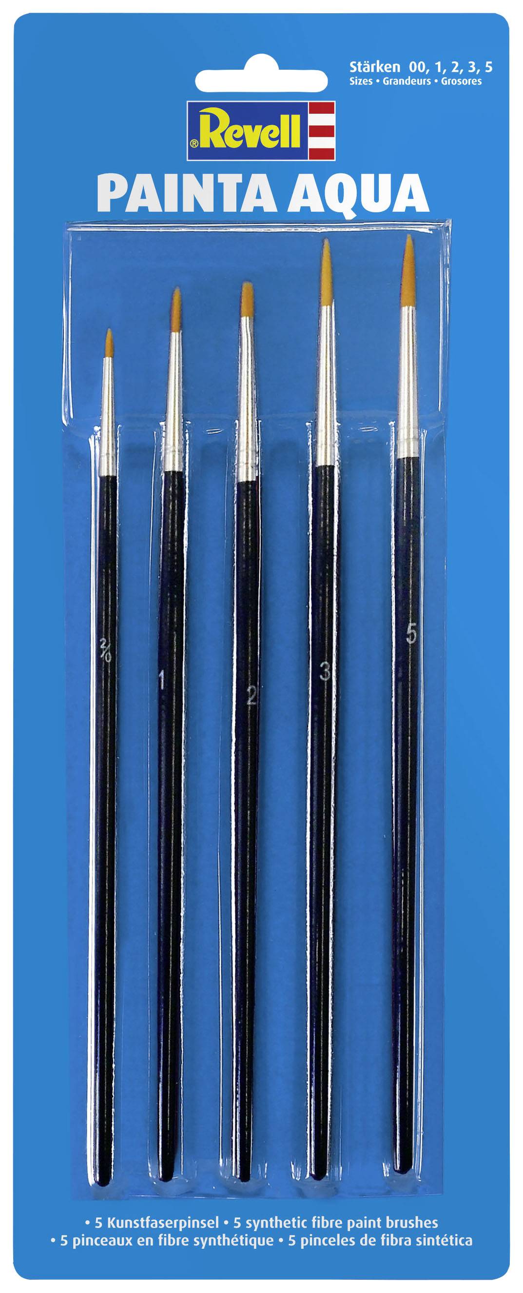 Brush set with five Revell plastic brushes in sizes 00, 1, 2, 3, 5 on blue packaging.