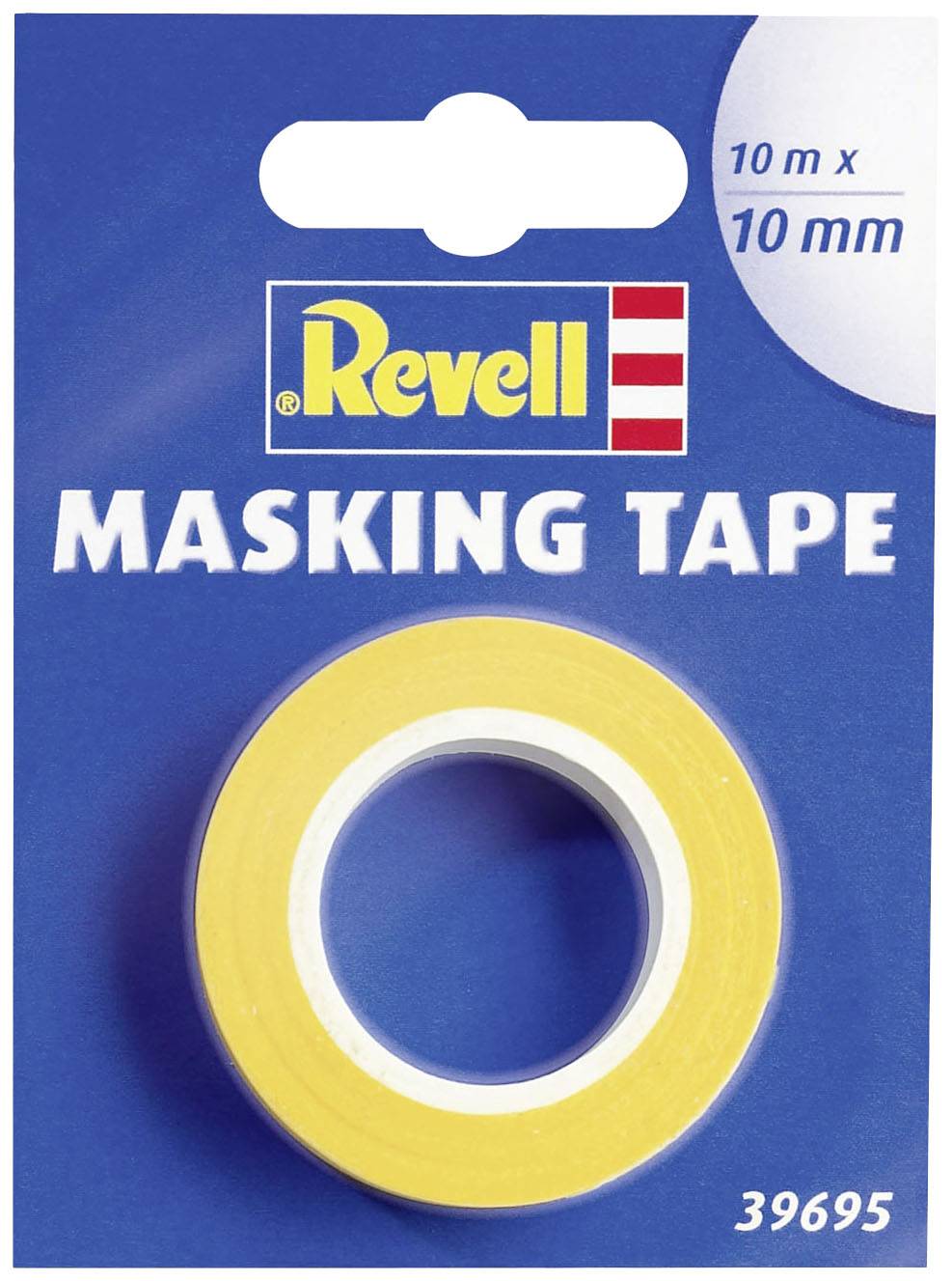 A blue packaging design displays a yellow crepe tape from Revell. Dimensions: 10 m x 10 mm. Product number: 39695.