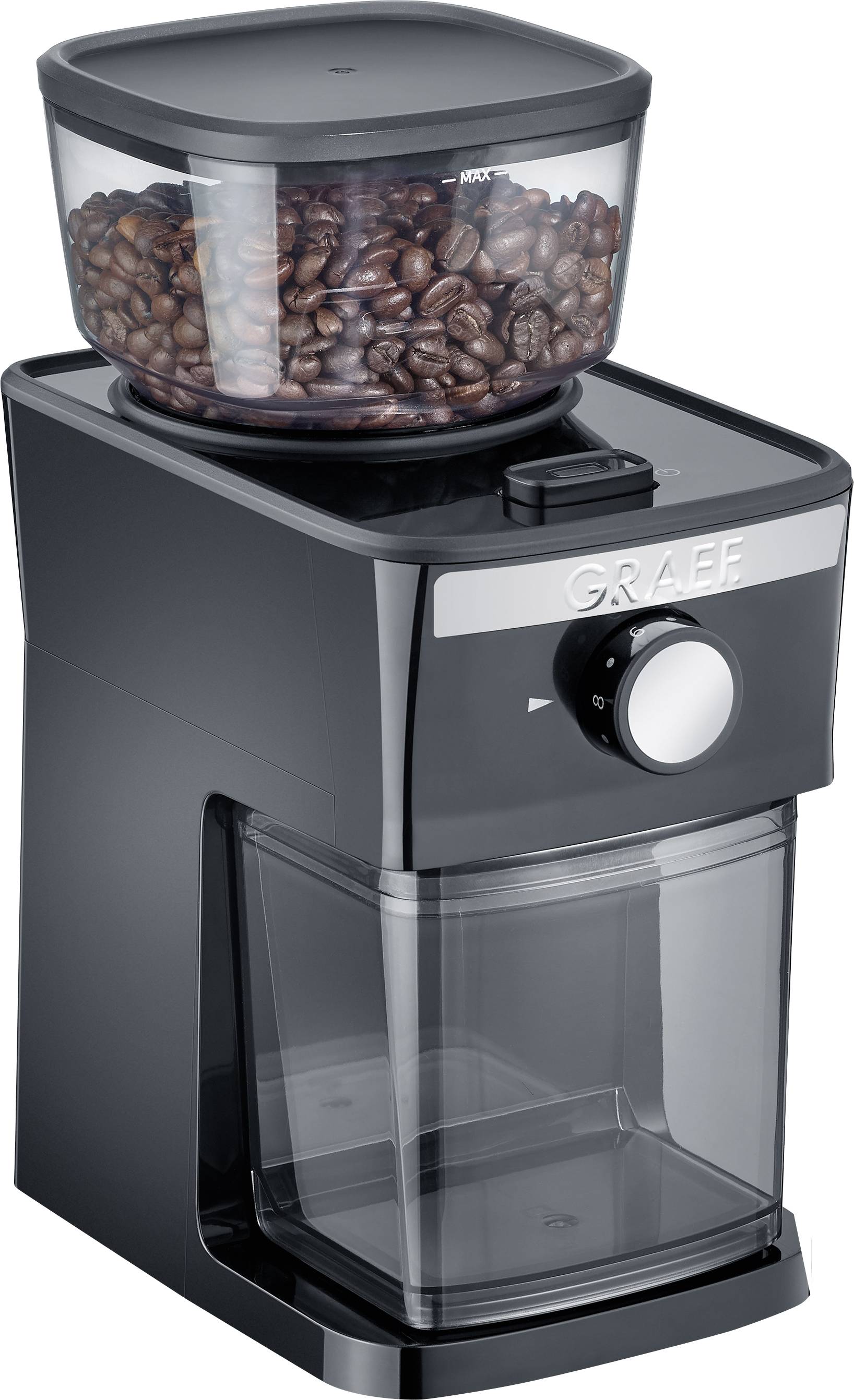 Black coffee grinder with bean container on top and collection container below, showcasing a modern design for kitchen work.