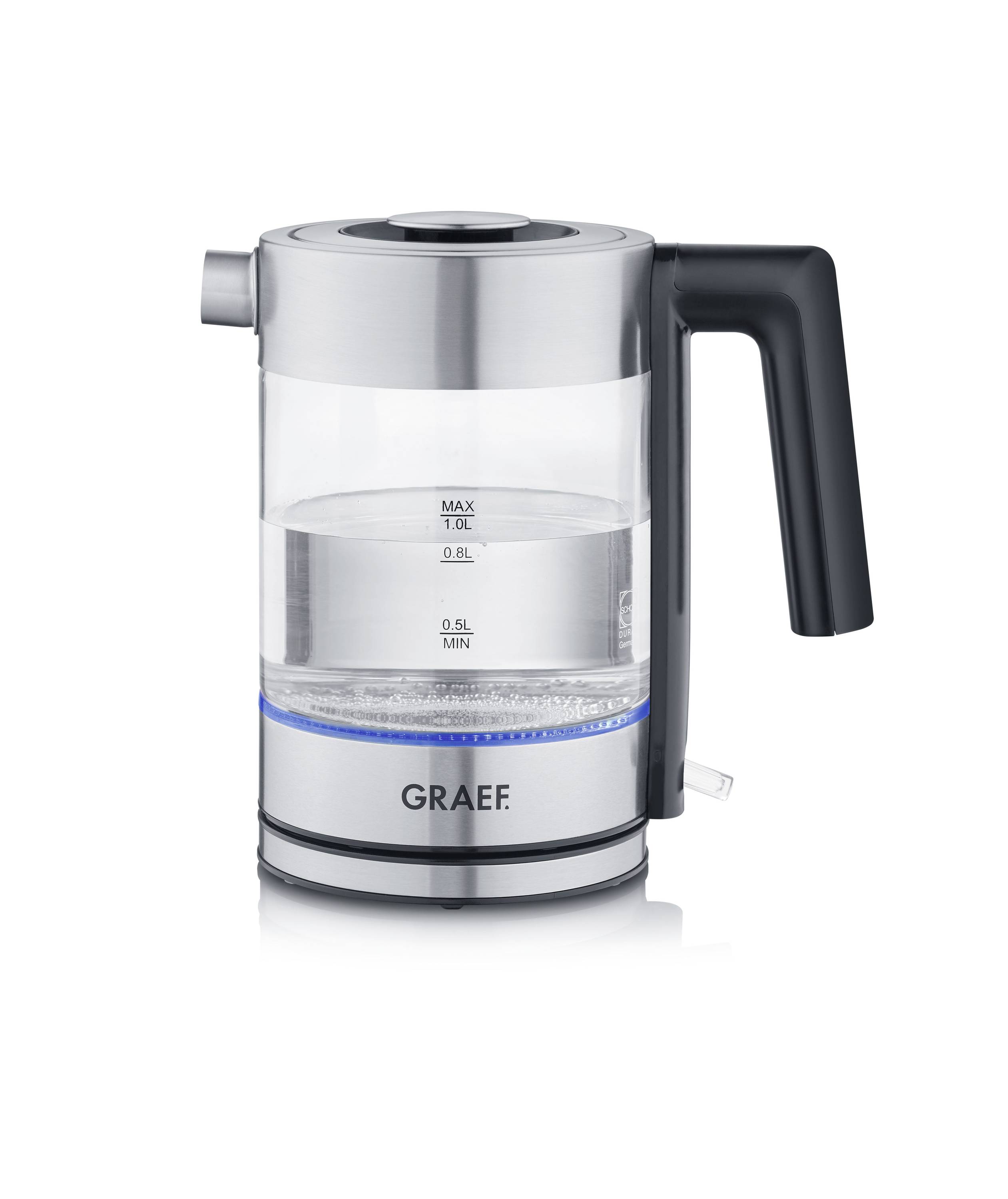 A stainless steel and glass electric kettle, half-filled with water, displays the brand name 'Graef' on its base.