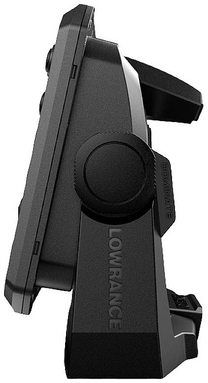 A black electronic device in an adjustable, pivoting holder. Side view reveals design details and support.