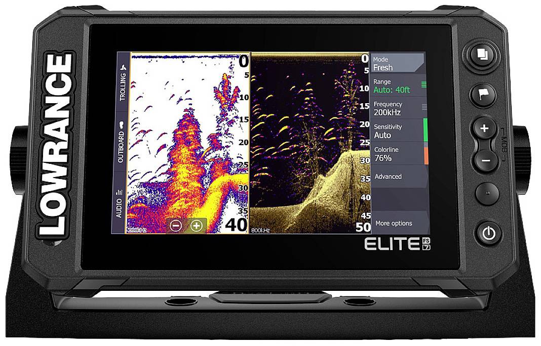 A fish finder display shows a coloured sonar image of the underwater environment on the left and echo sounder data on the right. Brand name visible on the side.