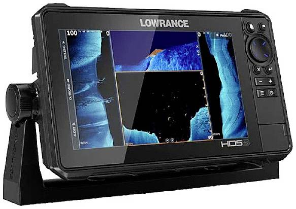 A Lowrance HDS screen displays various underwater views. The device offers functions for fish finding and depth measurement.