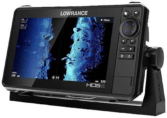 A fish finder display shows two side-by-side sonar images with depth and structural data, brand 'Lowrance'.