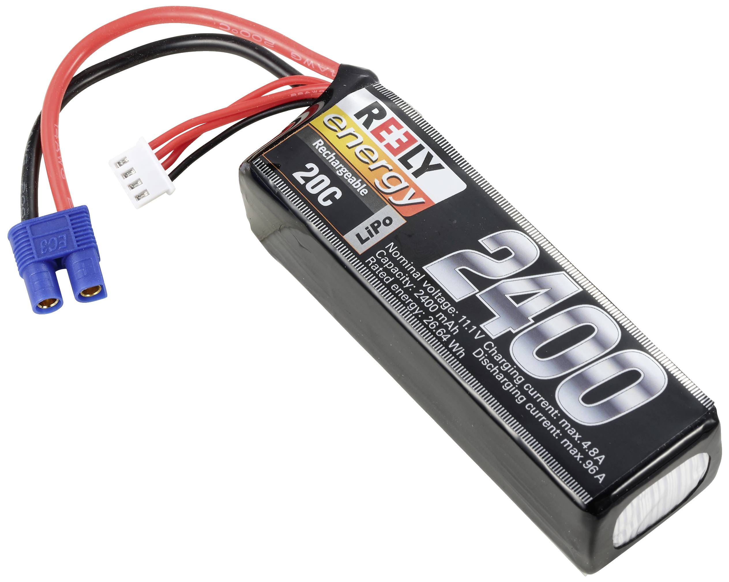 A lithium-polymer battery labelled 'REELY energy', with a capacity of 2400mAh, 11.1V, 20C and a blue connector.
