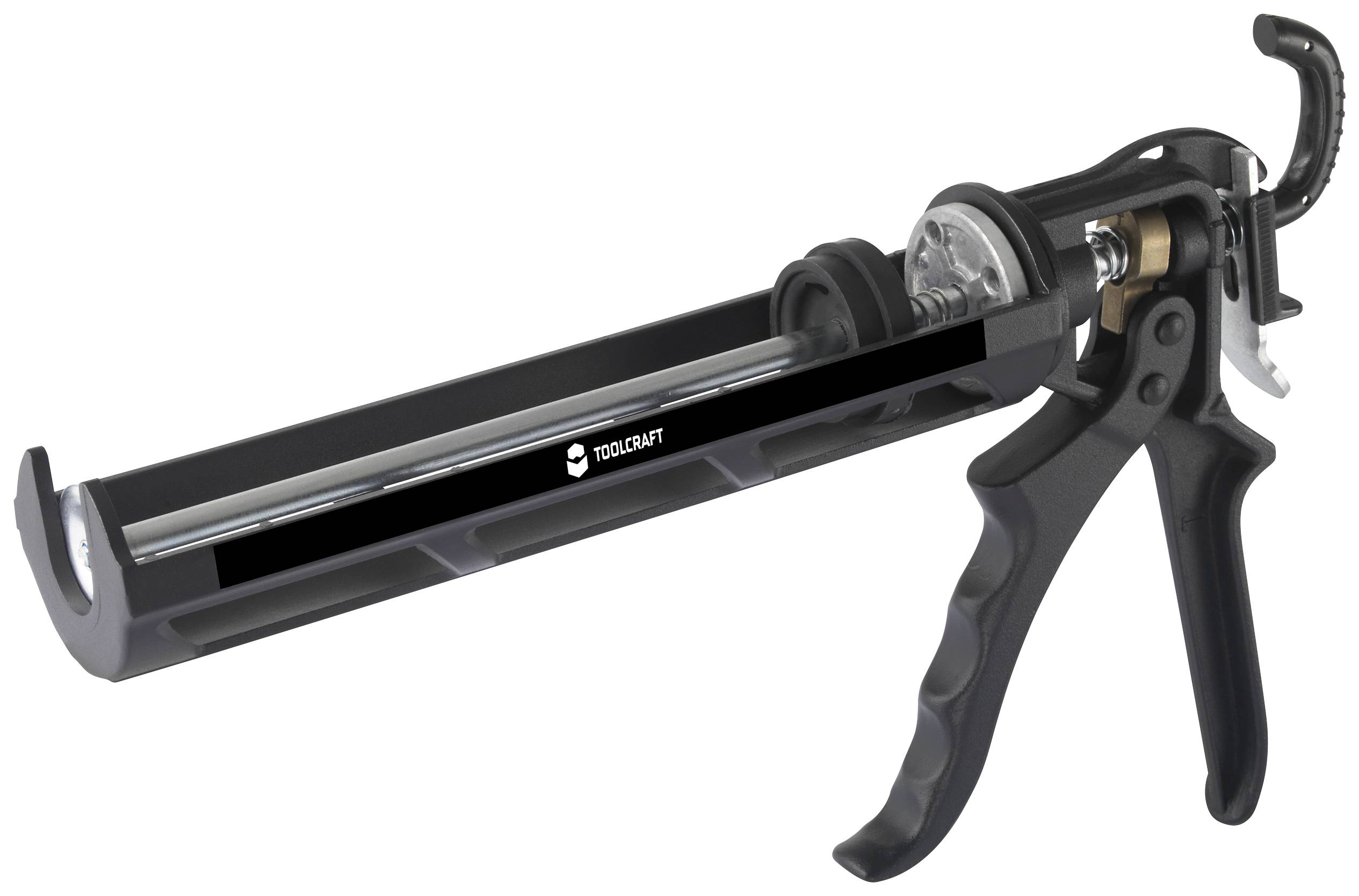 Cartridge gun with ergonomic handle. Suitable for applying sealants or adhesives from cartridges.