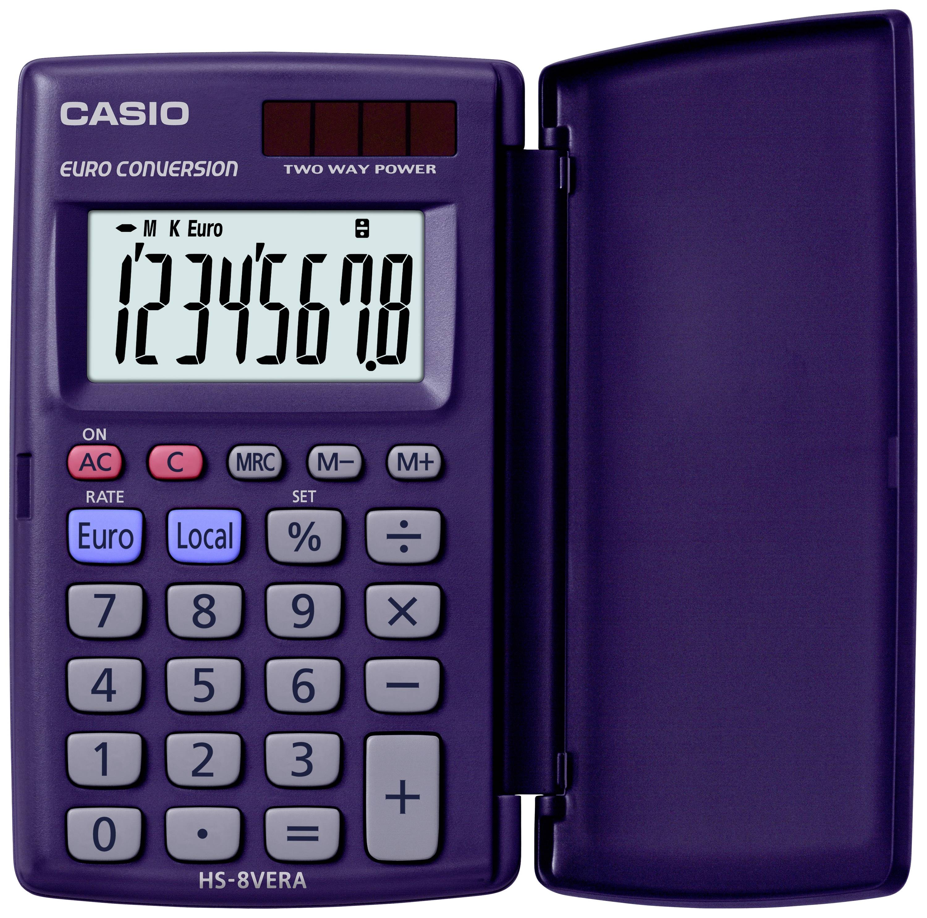 Calculator with Euro conversion function, Casio brand. Displaying the number '12345678'. Lilac casing, open design.