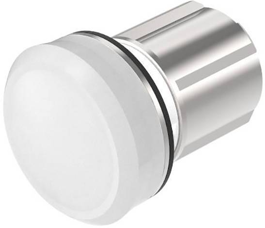 A metallic momentary push button with a rounded, white cap, suitable for use as an operational component in electronic devices.