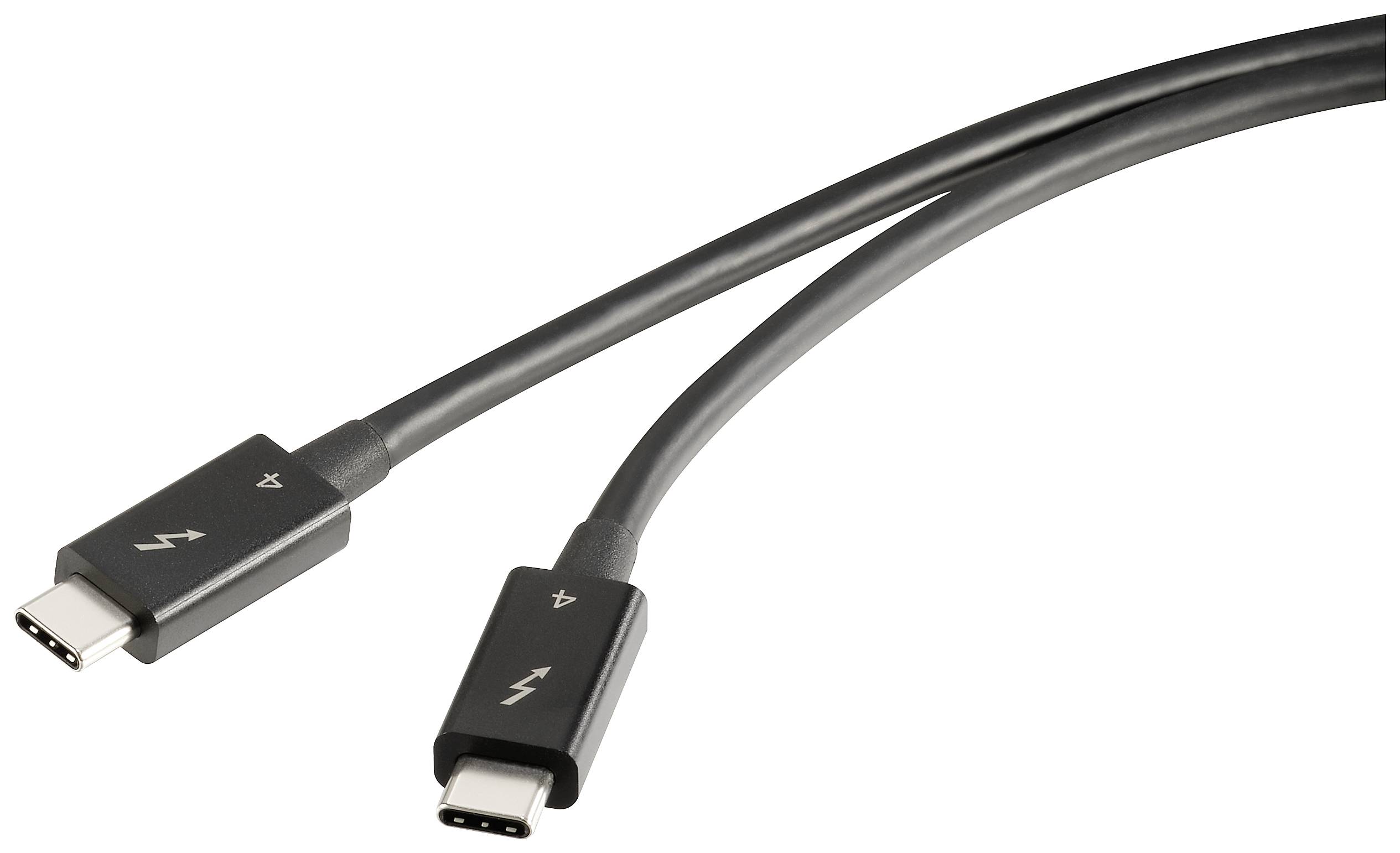 A Thunderbolt cable with two connectors. It is black, flexible and used for connecting devices for fast data transfers.