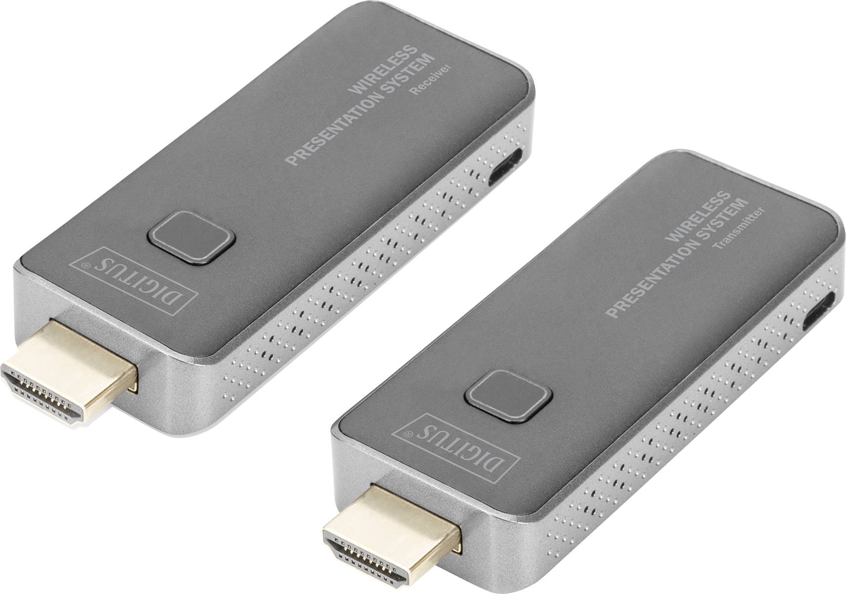 Two HDMI dongles by the brand Digitus for wireless presentations are lying side by side.
