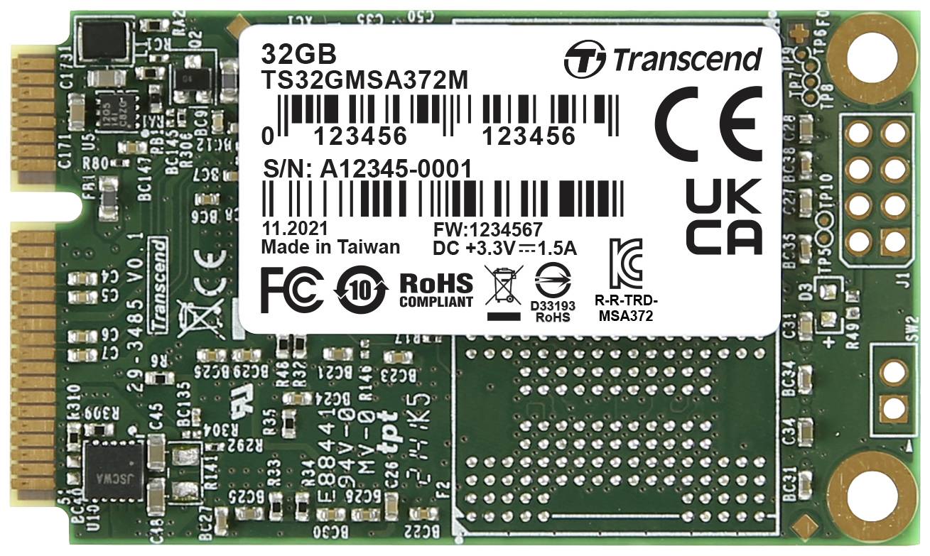 A green SSD card with Transcend logo, model details '32GB TS32GMSA372M', serial number '123456', manufactured in Taiwan.