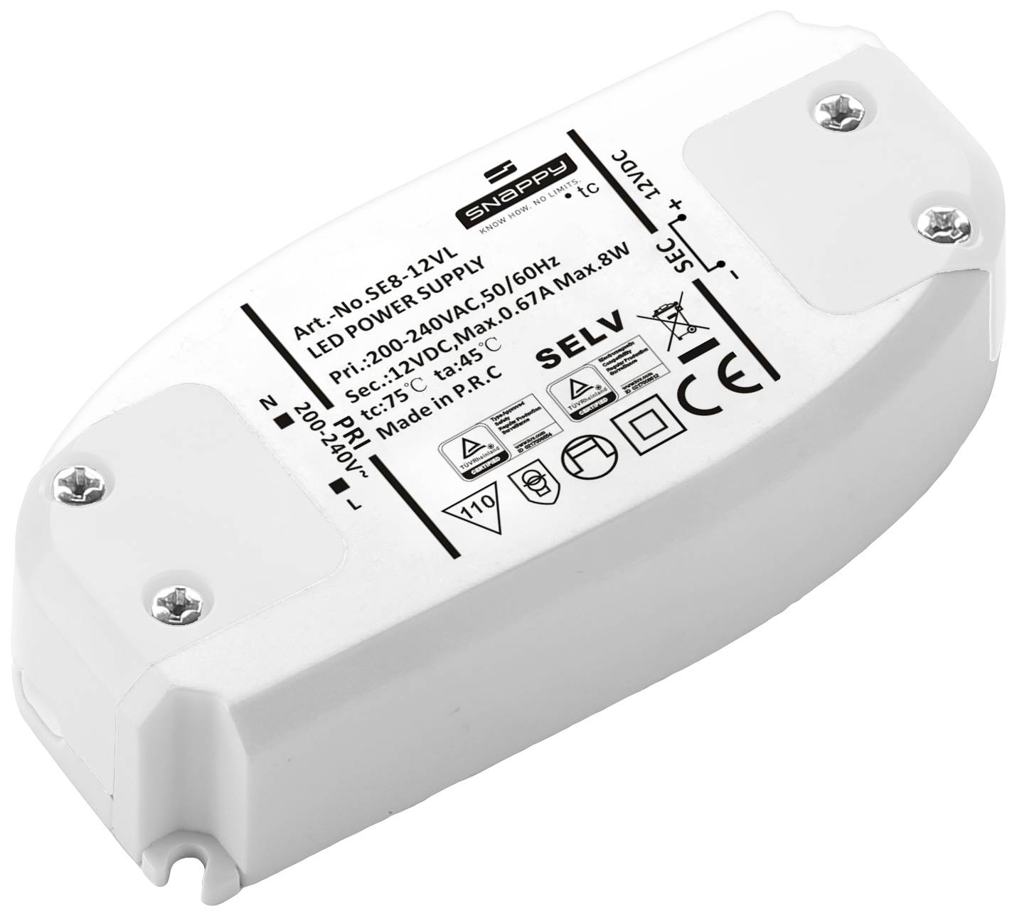 A white LED power supply with labelling that displays technical specifications and certifications. Includes voltage, current rating, and protection class.