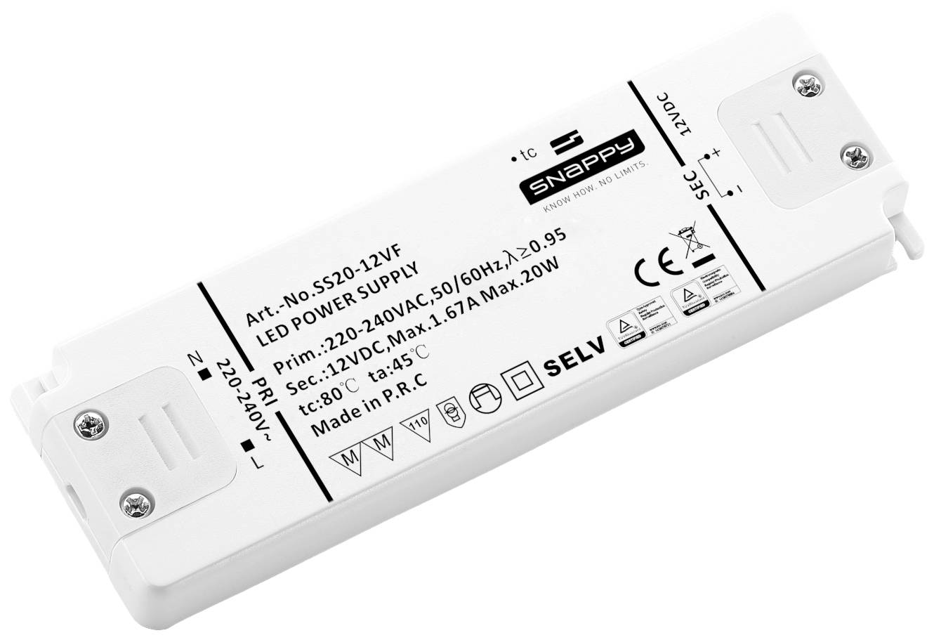 Rectangular LED power supply unit with technical specifications and CE marking. 220V input and 12V output power.