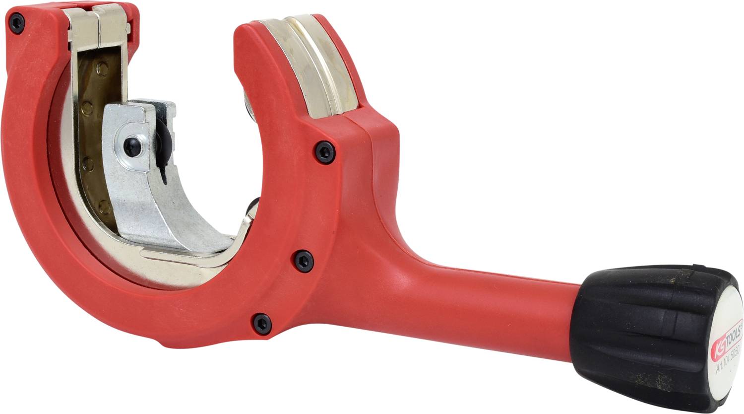 Red pipe cutting tool with black handle, suitable for cutting metal pipes by rotating the handle for precise cuts.