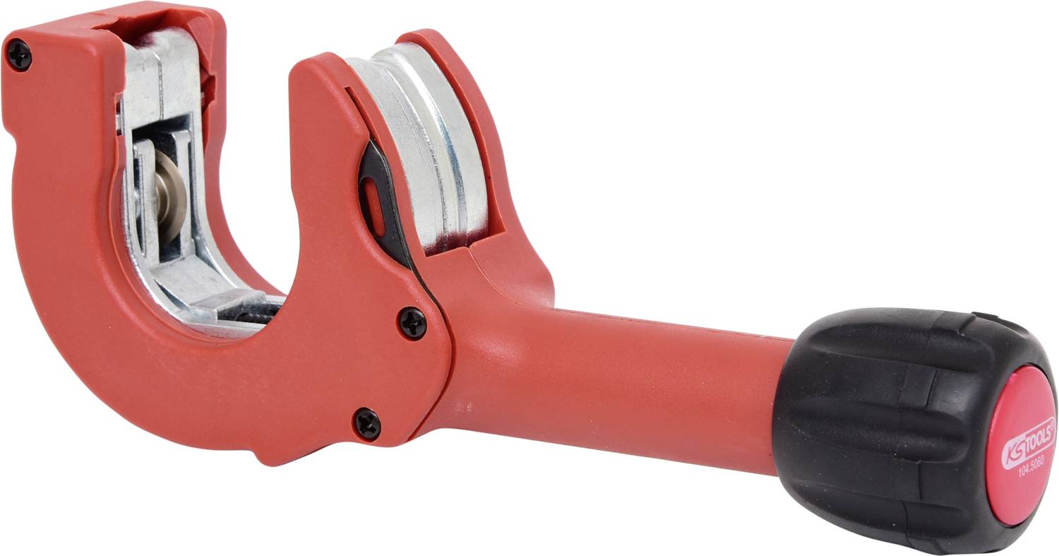 Pipe cutter in red with plastic handle and metal blade, suitable for cutting metal or plastic pipes.