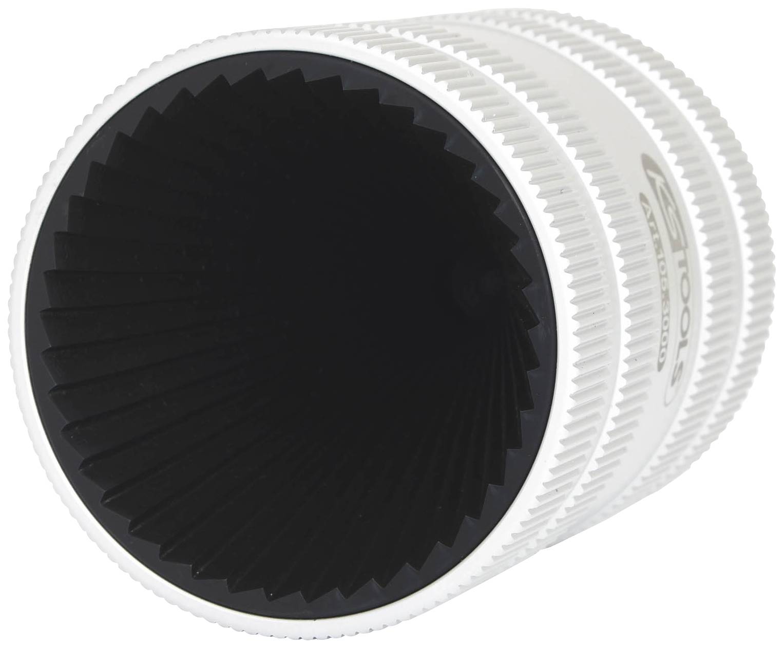A white and black cylindrical adapter with a ribbed surface, likely for use in optical devices or telescopes.
