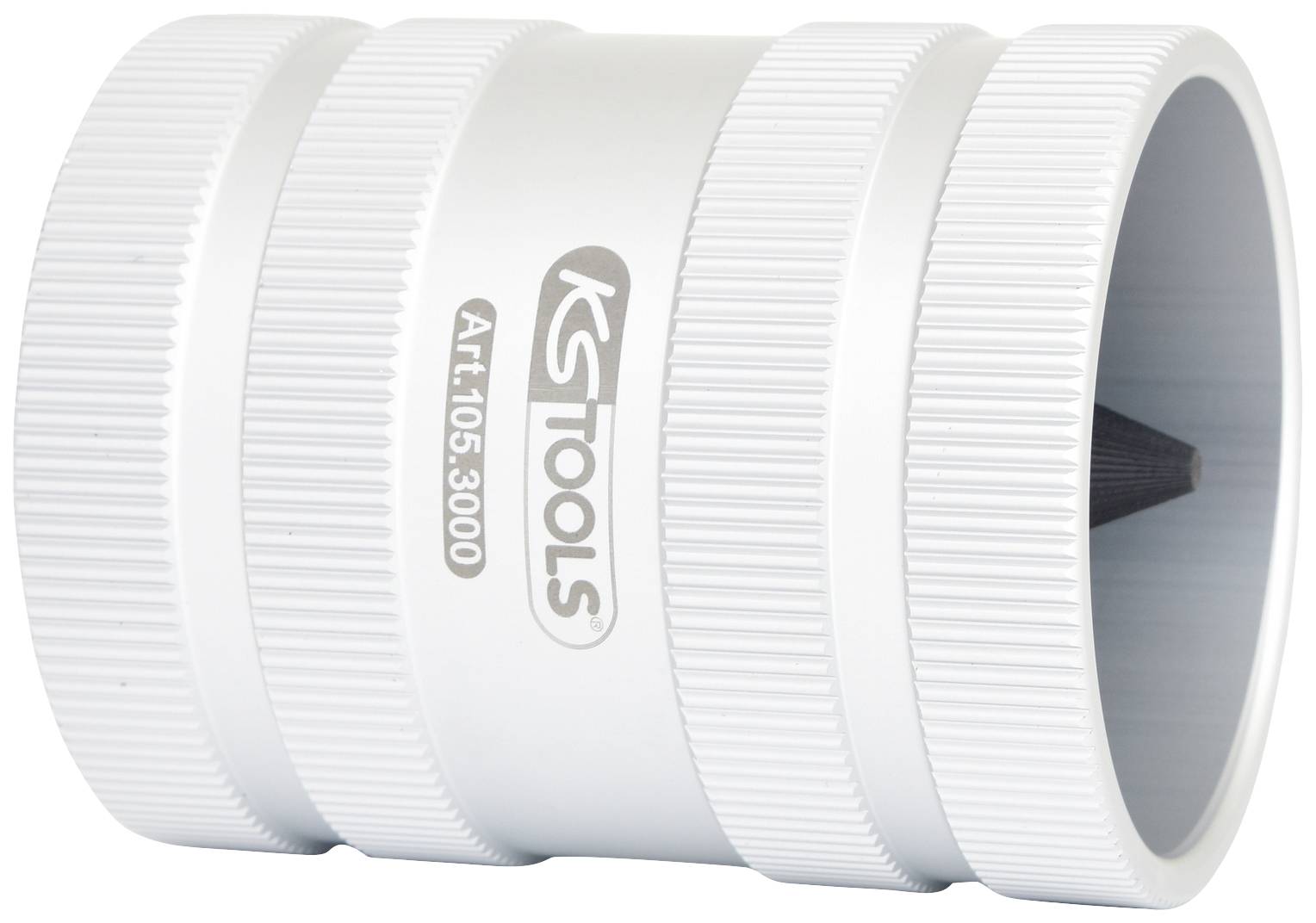 White tube deburrer by KS Tools with ribbed handle and marking 'Item No. 105.3000'.