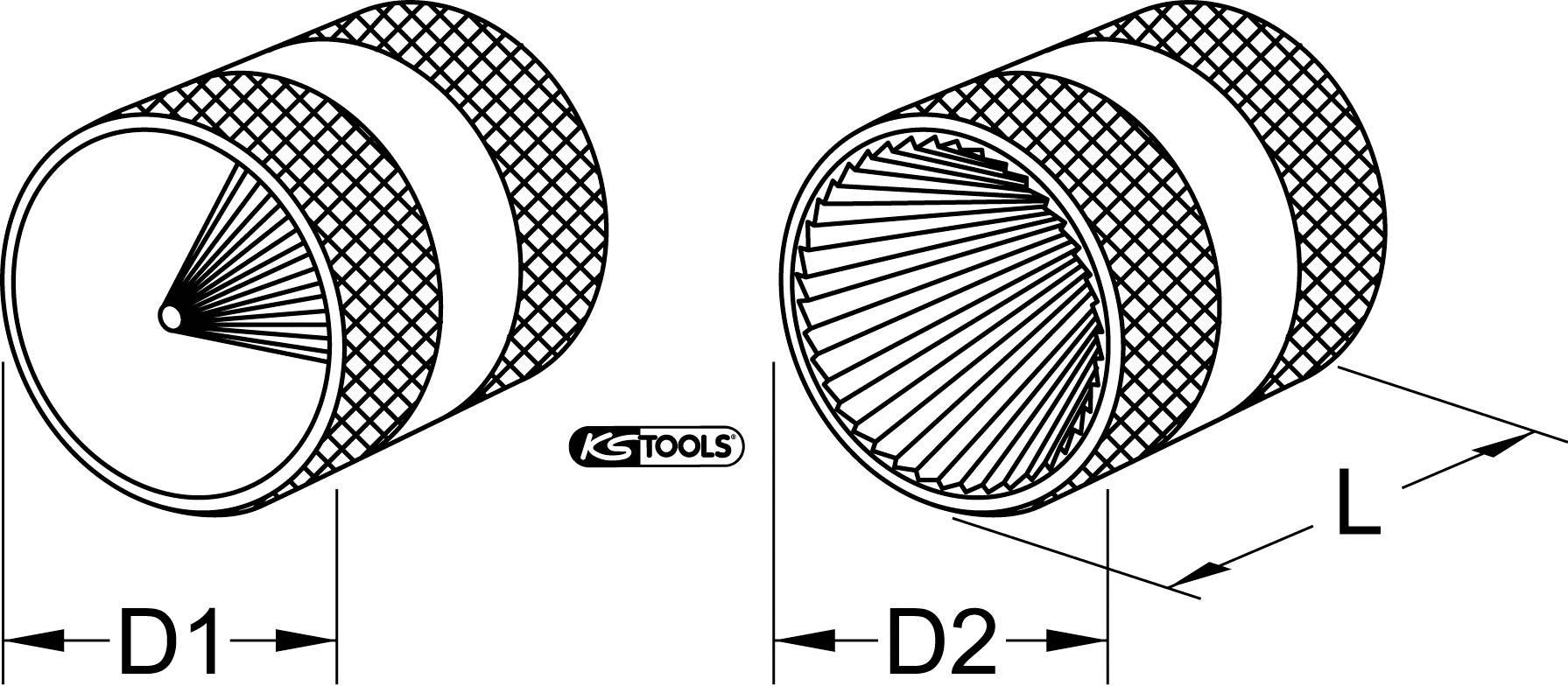 Two cylindrical brushes, one with dimension 'D1' and the other with dimension 'D2'. Both have a length of 'L'. Label: KS Tools.
