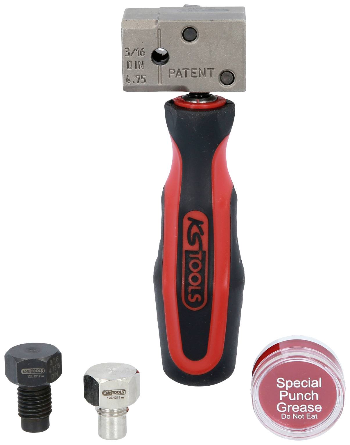 Tool set with handle and punch heads, suitable for punching holes in metal sheets. Red box with label 'Special Punch Grease Do Not Eat'.