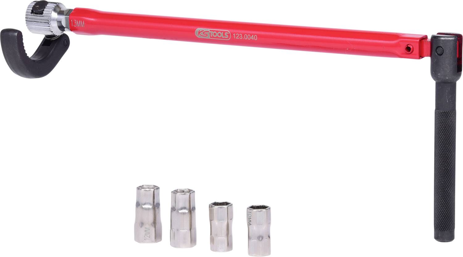 A red torque wrench with a bit holder and four metal bits underneath.